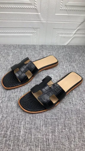 Crocodile Shoes Women's Crocodile Leather Flat Slides Alley Walk Comfort Technology Shoes