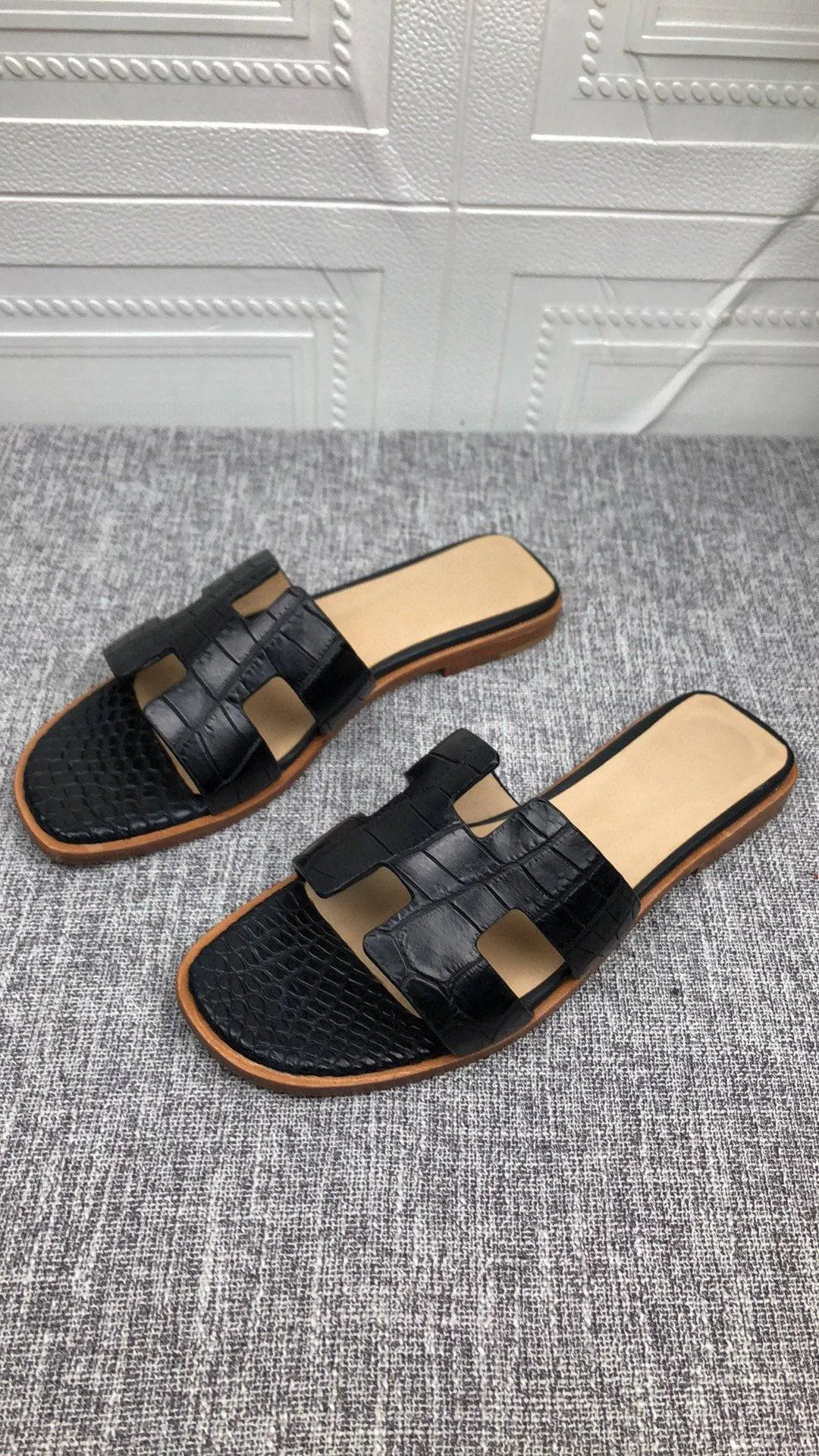 Crocodile Shoes Women's Crocodile Leather Flat Slides Alley Walk Comfort Technology Shoes