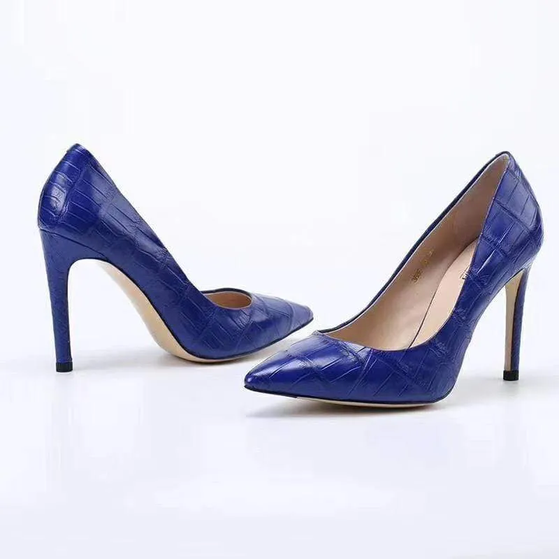 Crocodile Shoes Women's Genuine Crocodile Belly  Leather Blue Point Toe Court High Heels Breathable Material Reliable Support