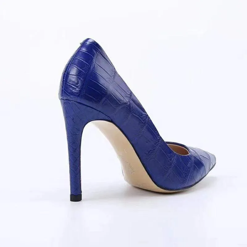 Crocodile Shoes Women's Genuine Crocodile Belly  Leather Blue Point Toe Court High Heels Park Ready Canvas Upper