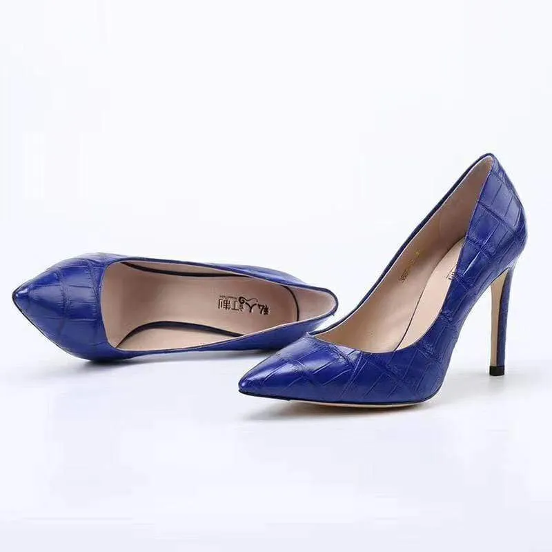 Crocodile Shoes Women's Genuine Crocodile Belly  Leather Blue Point Toe Court High Heels Sea Glow