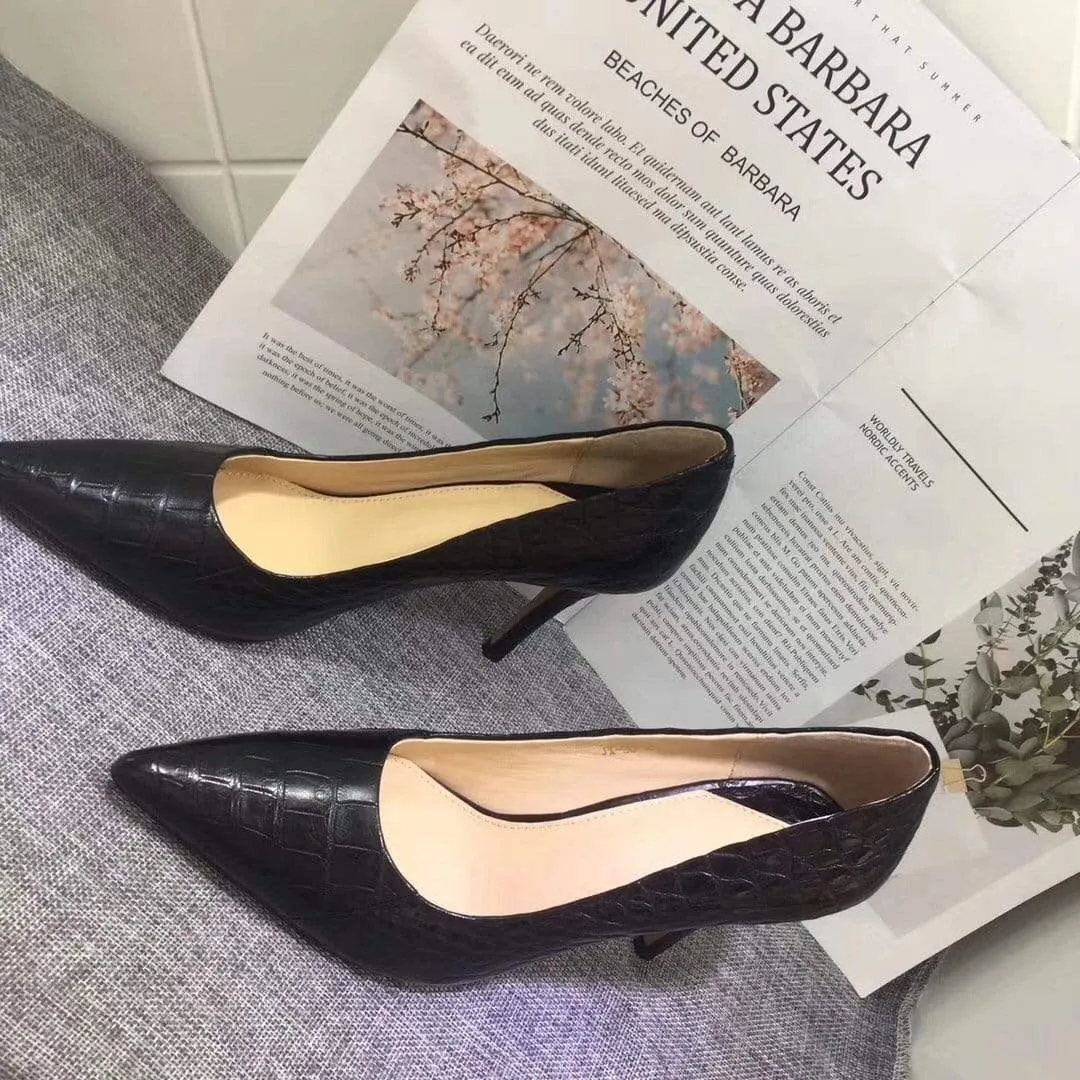 Zipper Closure Crocodile Shoes Womens Genuine  Crocodile Belly Leather Pointed Toe Pumps