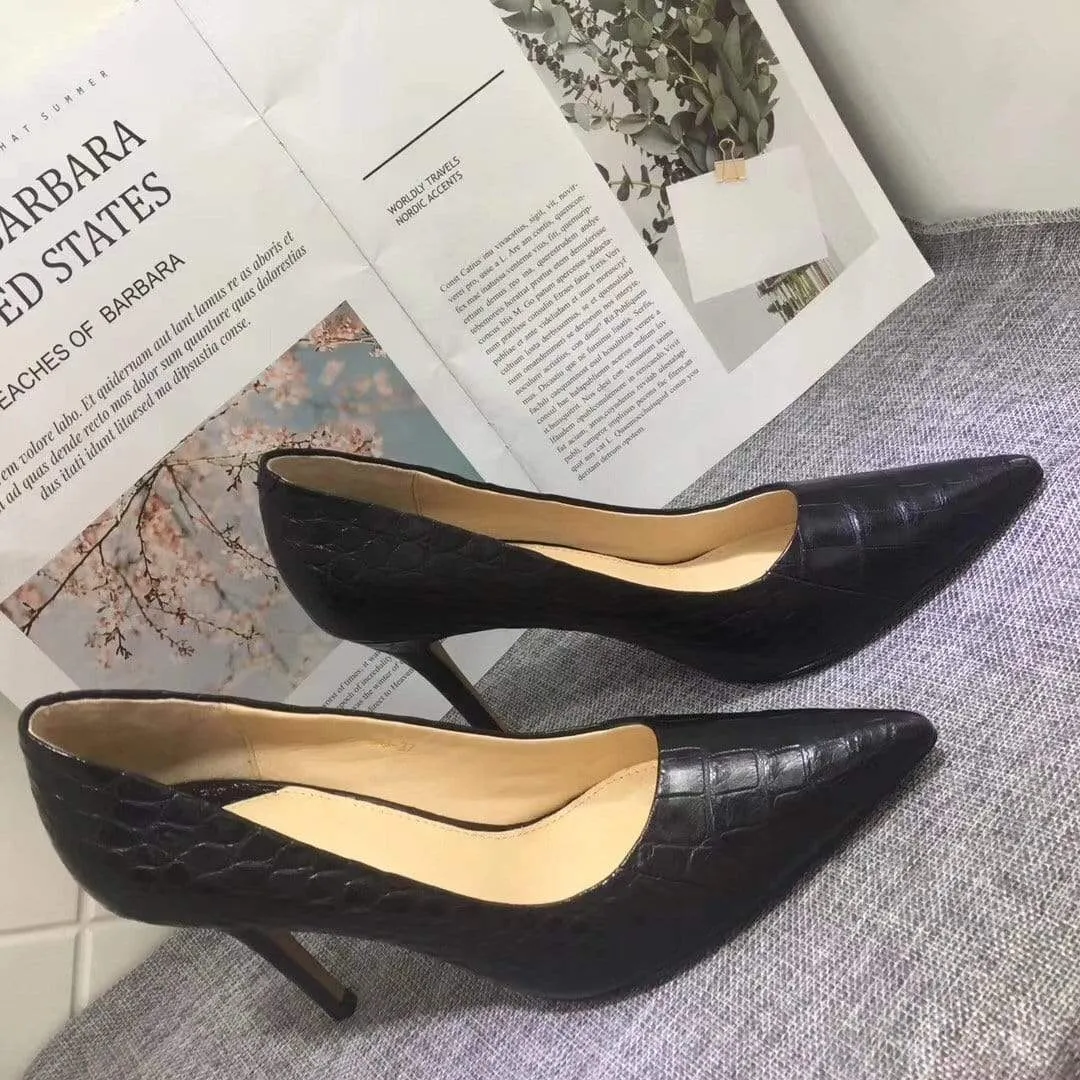 Work Wear Patent Shine Crocodile Shoes Womens Genuine  Crocodile Belly Leather Pointed Toe Pumps