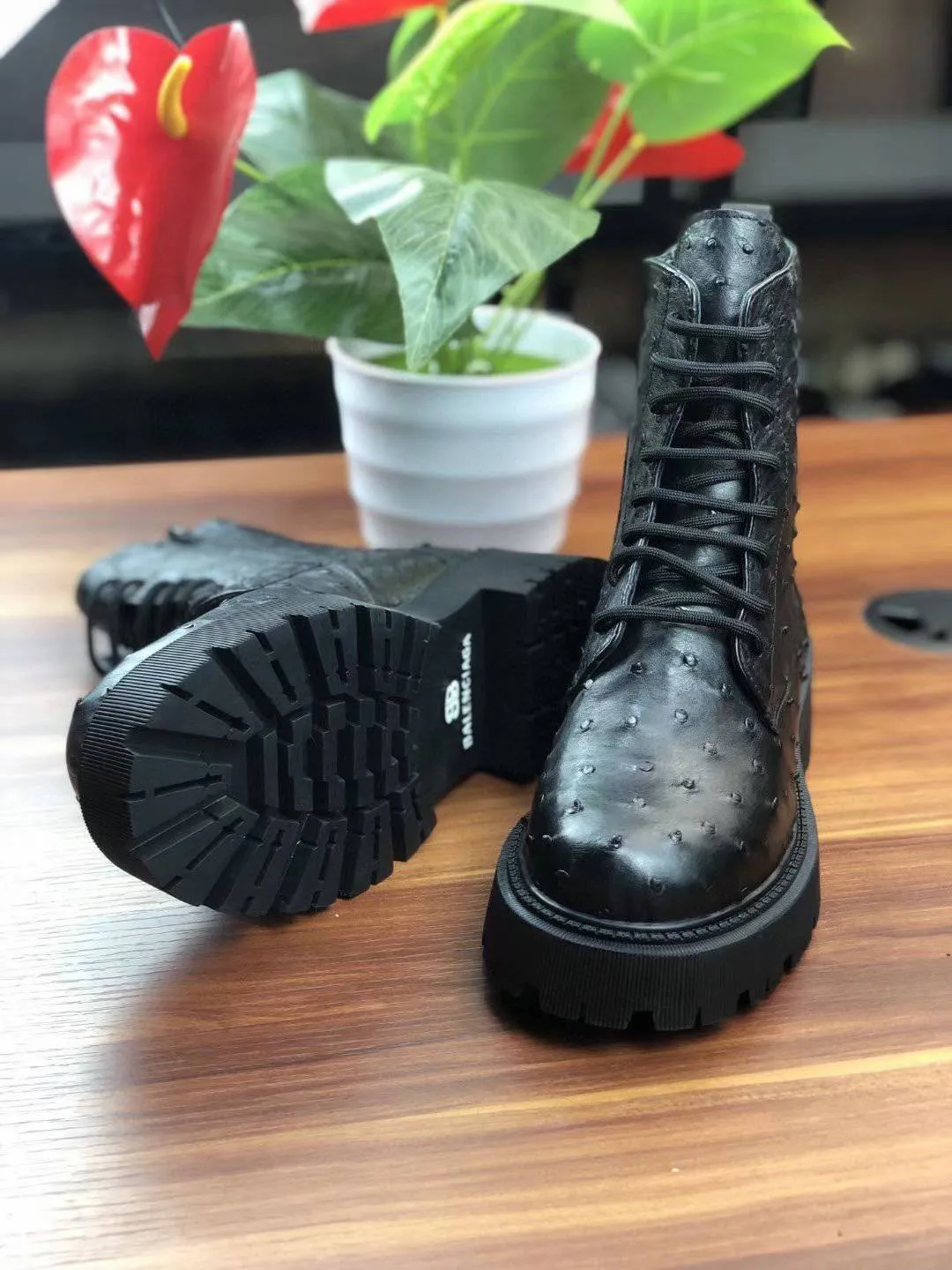 Crocodile Shoes Women's Ostrich Leather Parker Combat Boots Black Elegant Walk Slip-Free Shoes