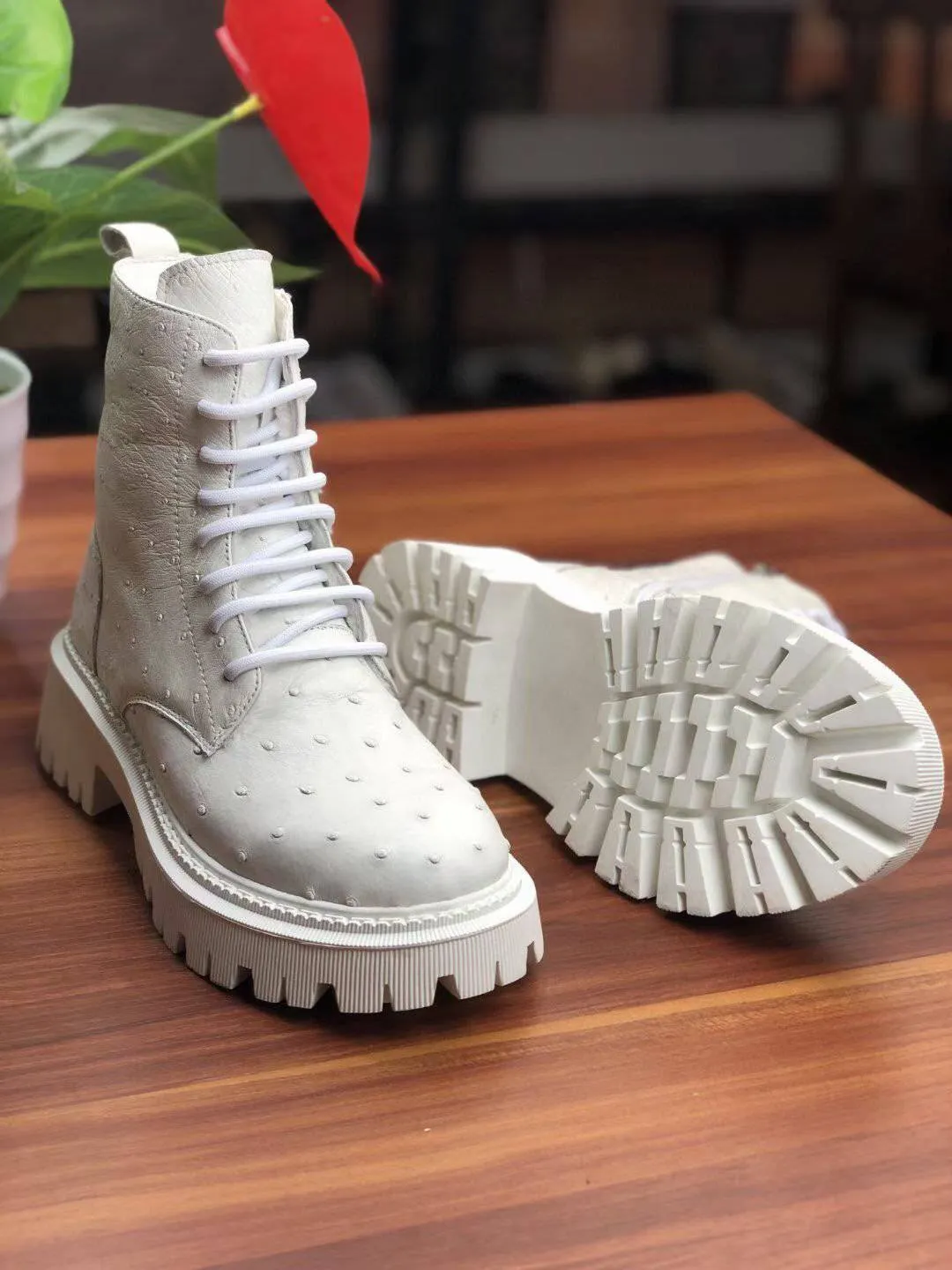 Class Step Crocodile Shoes Women's Ostrich Leather Parker Combat Boots