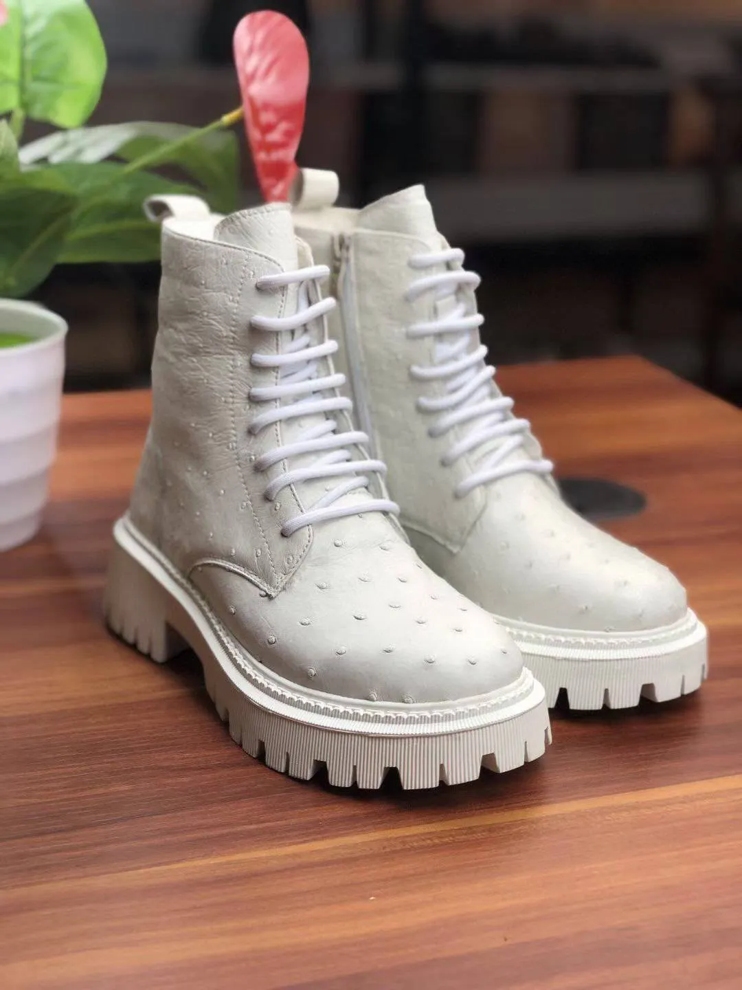 Crocodile Shoes Women's Ostrich Leather Parker Combat Boots heel cup