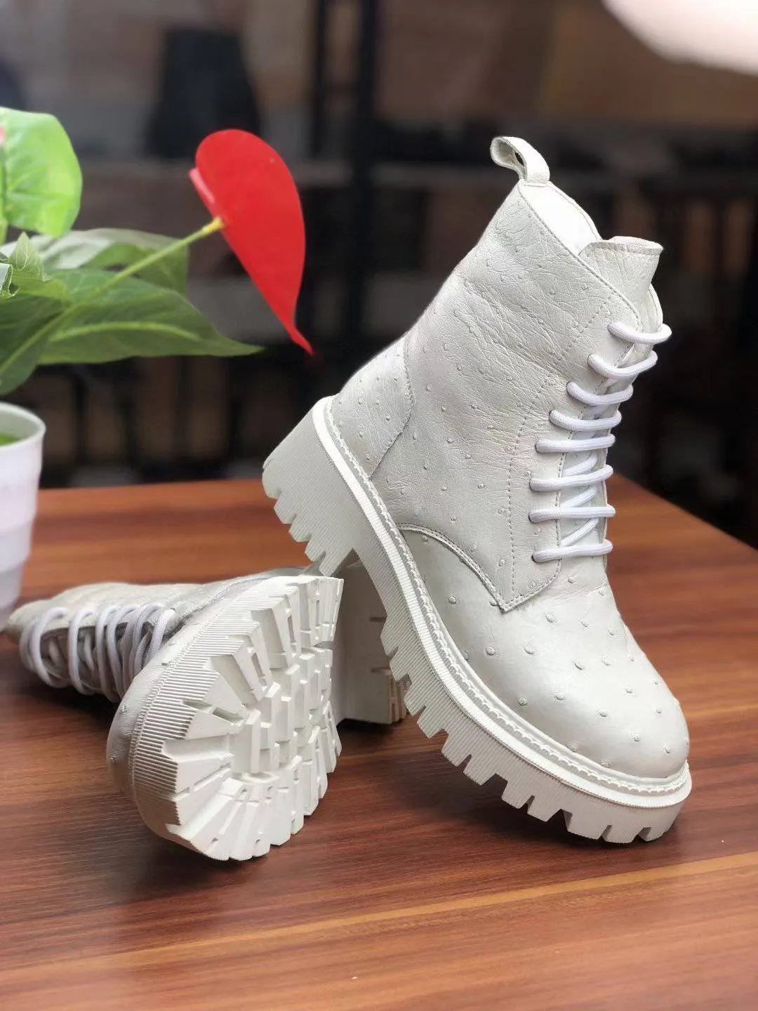 Crocodile Shoes Women's Ostrich Leather Parker Combat Boots Coffee Run Sleek Footwear