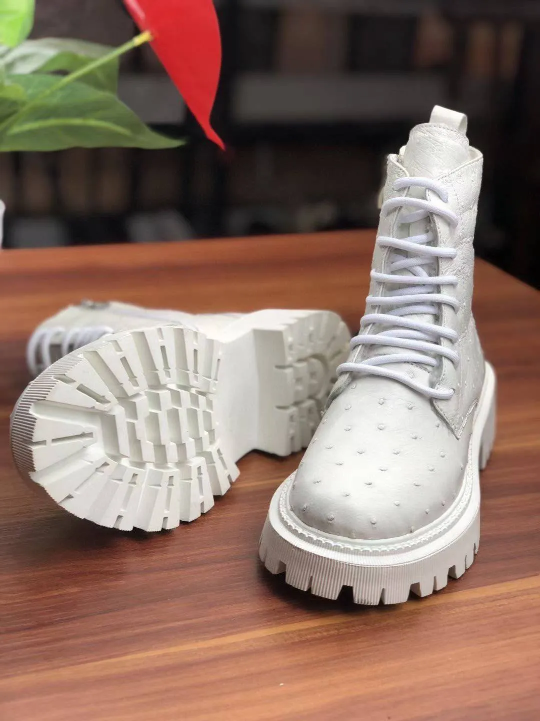 Party Step Crocodile Shoes Women's Ostrich Leather Parker Combat Boots