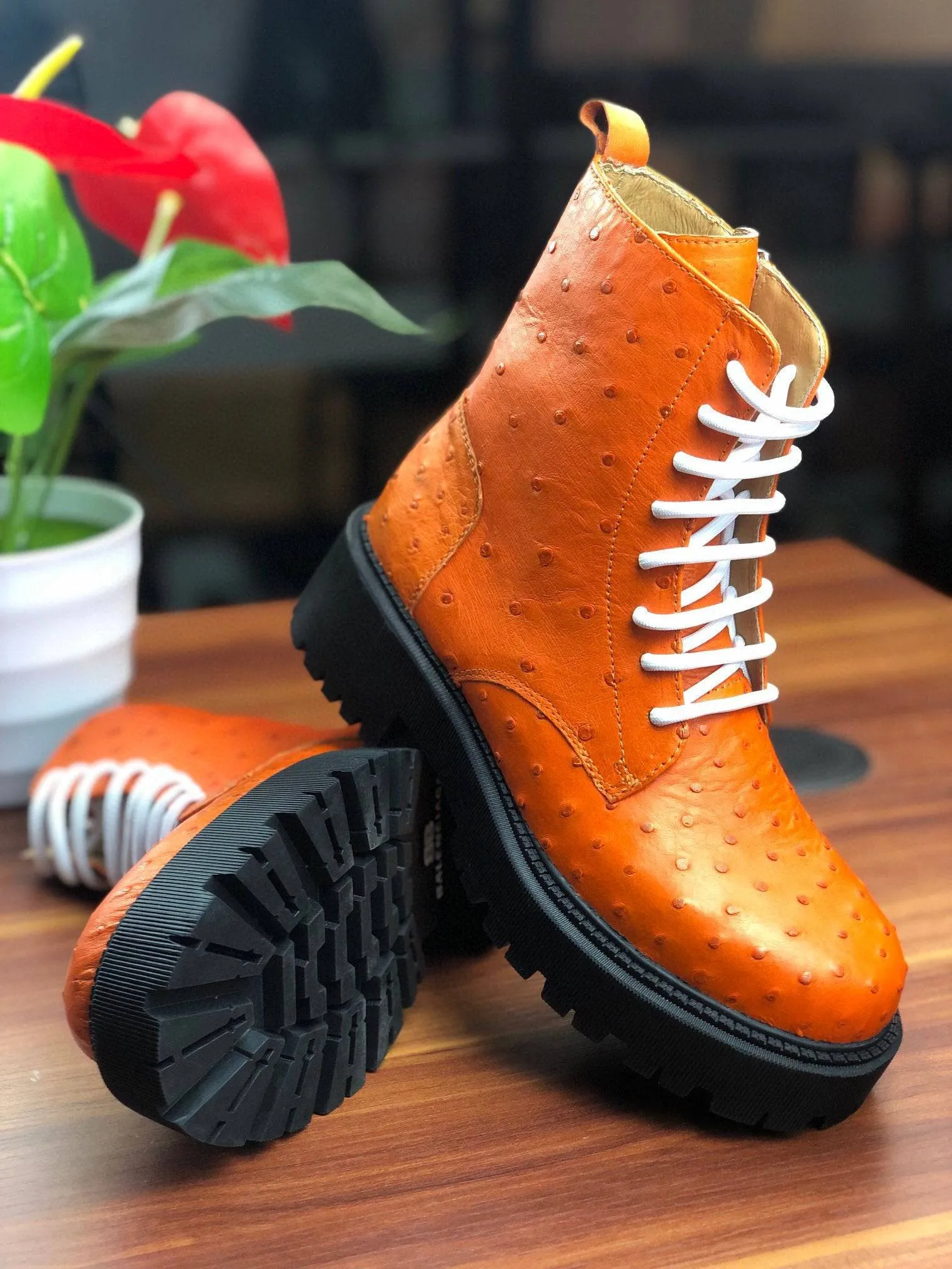 Marine Cool Crocodile Shoes Women's Ostrich Leather Parker Combat Boots Orange