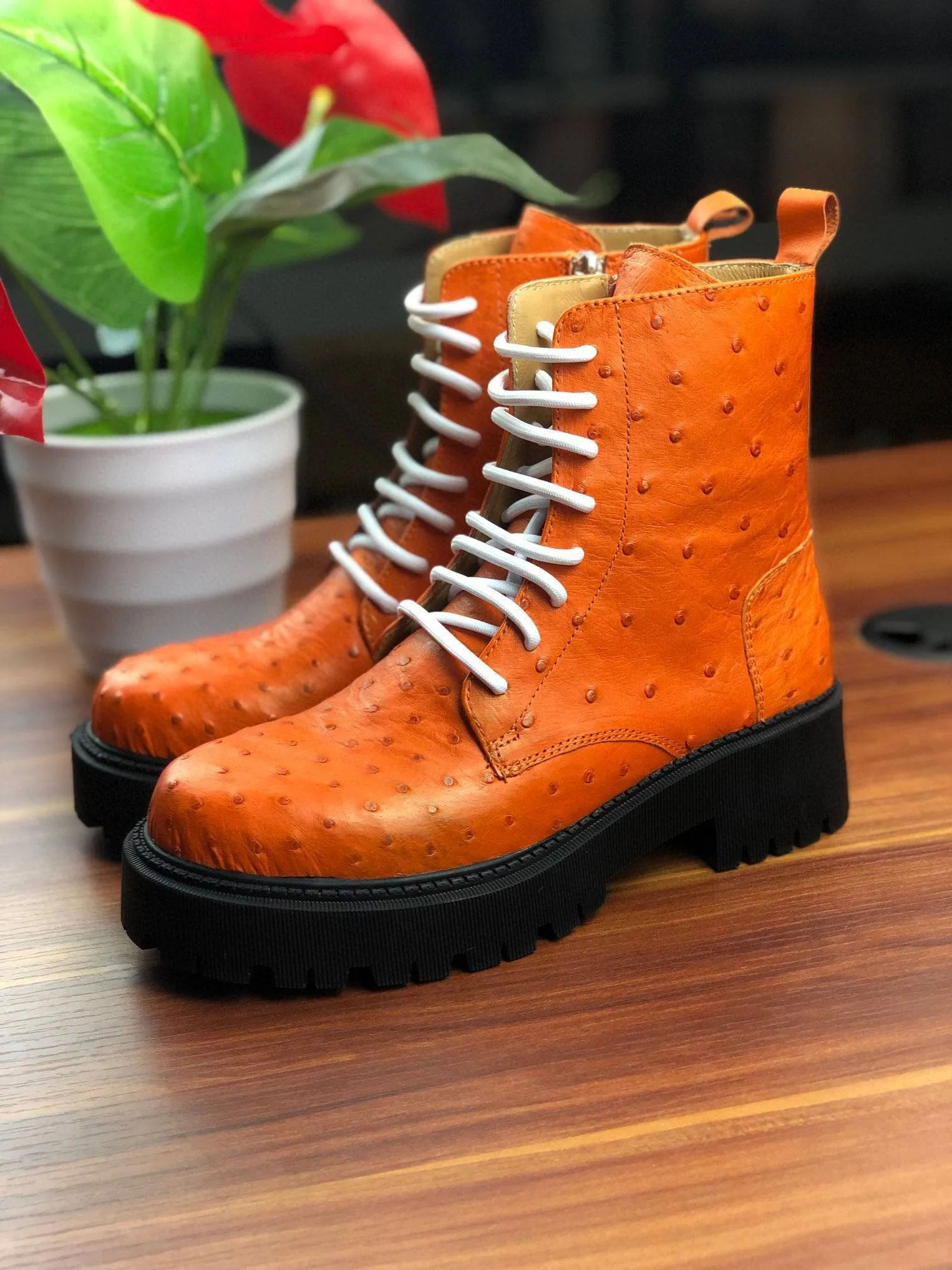 River Step Wild Path Crocodile Shoes Women's Ostrich Leather Parker Combat Boots Orange