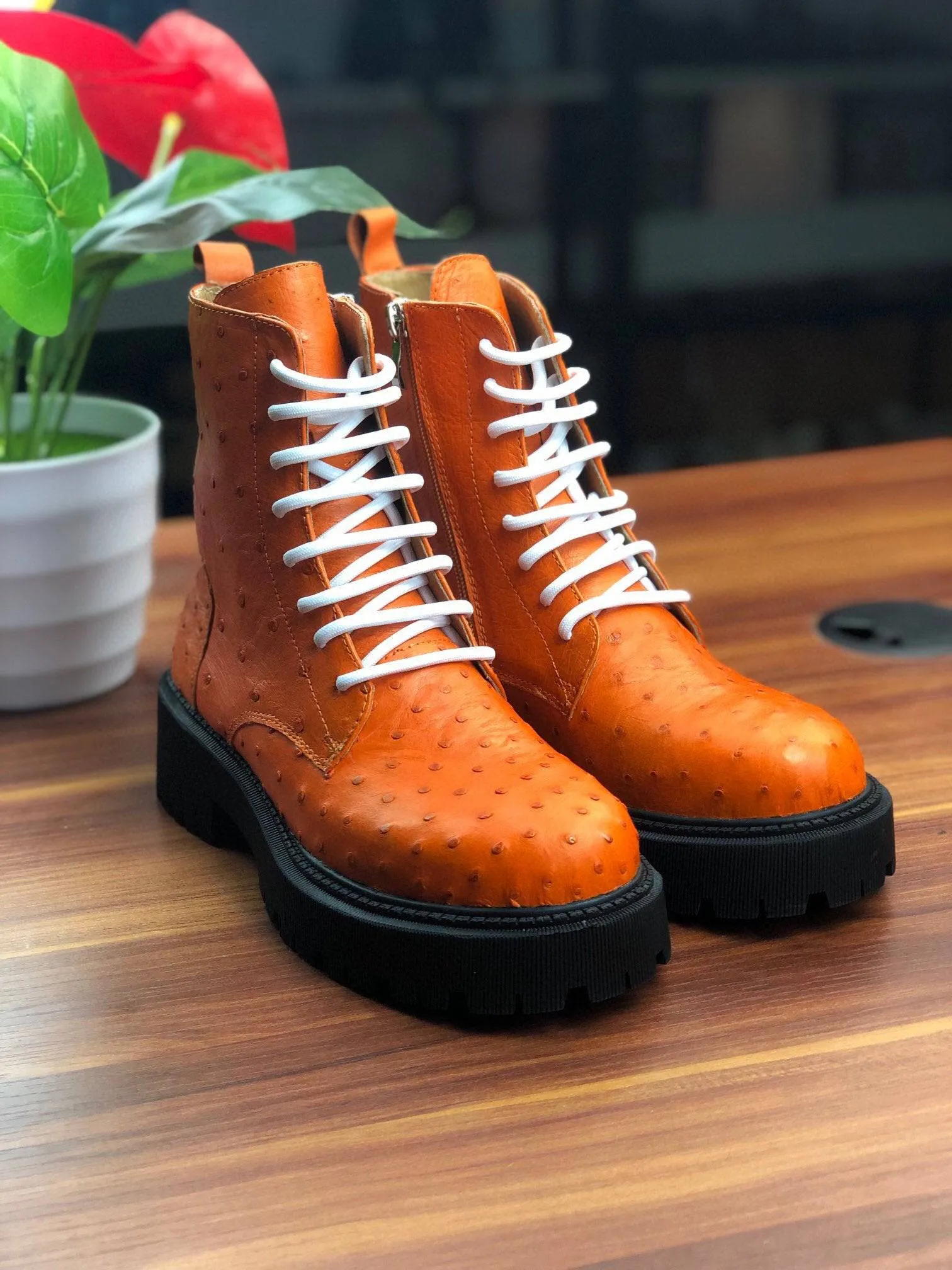 Autumn Soft Crocodile Shoes Women's Ostrich Leather Parker Combat Boots Orange