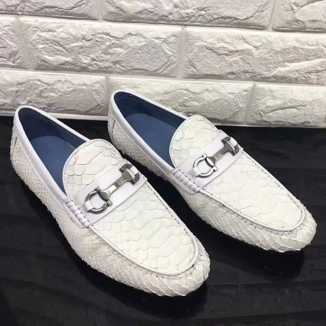 Crocodile Shoes Women's Silver Buckle Python Leather Casual Dress Slip-On Loafer Shoes Stone Glow Slip-On Style