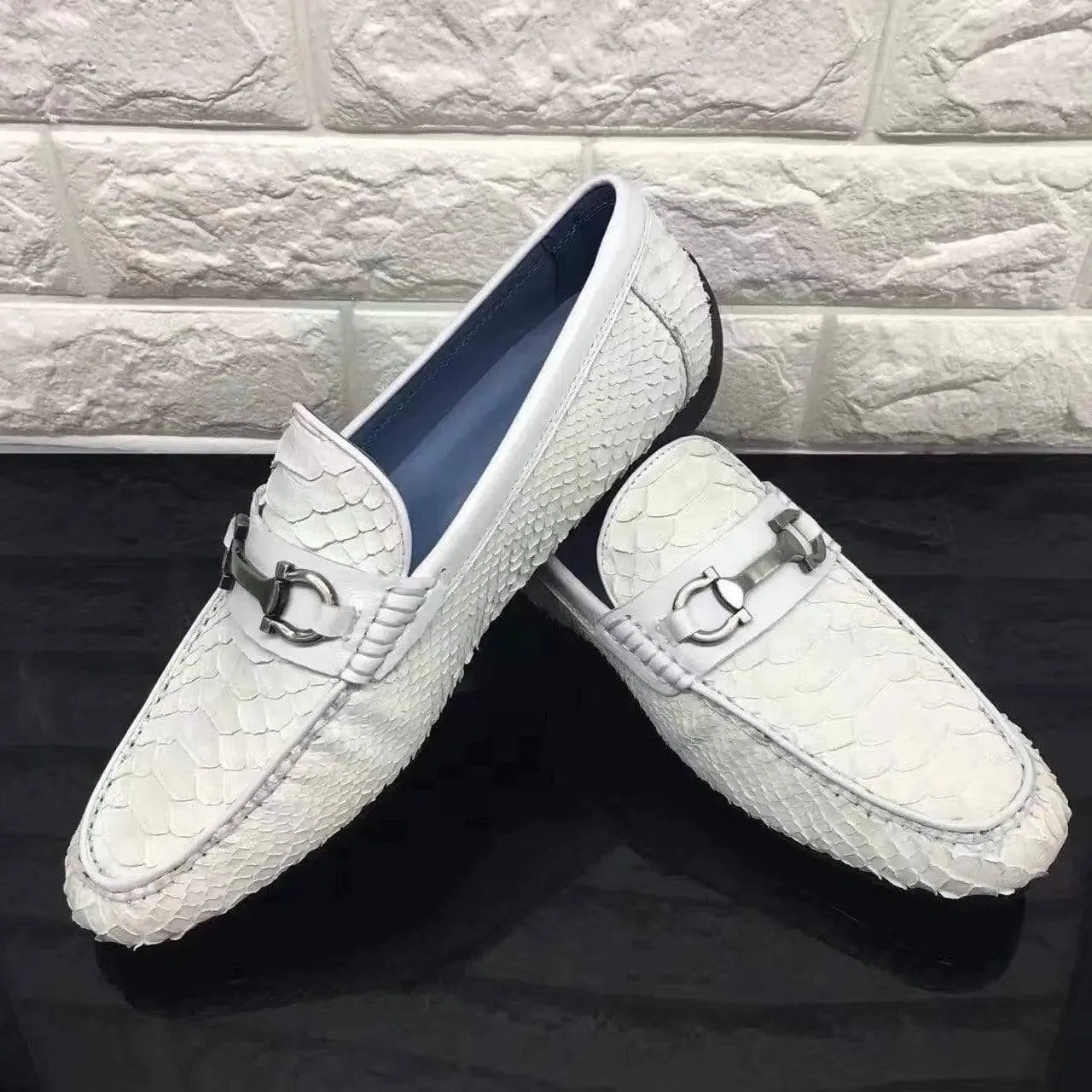 Crocodile Shoes Women's Silver Buckle Python Leather Casual Dress Slip-On Loafer Shoes Casual Shoes