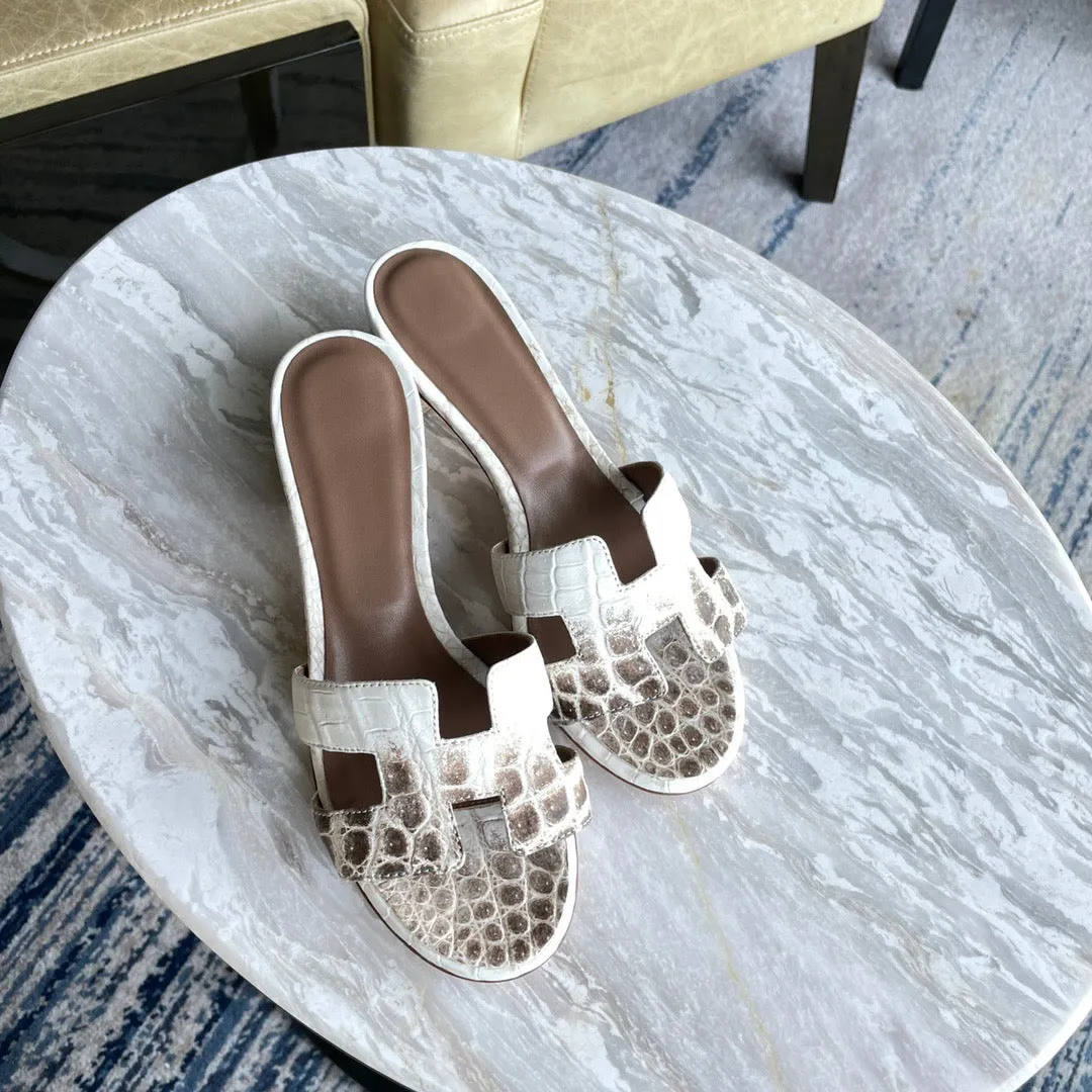 Street Beat Beach Mood Crocodile Slippers Women's Crocodile Leather  Low Heel  Slippers