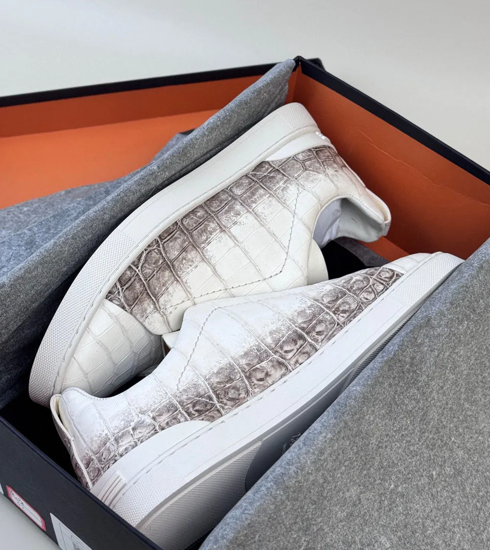Crocodile Sneakers,  Himalayan White Crocodile Skin Leather Sneakers Open Fest