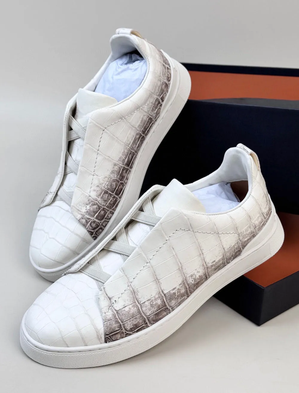 Padded collar Look Point Crocodile Sneakers,  Himalayan White Crocodile Skin Leather Sneakers