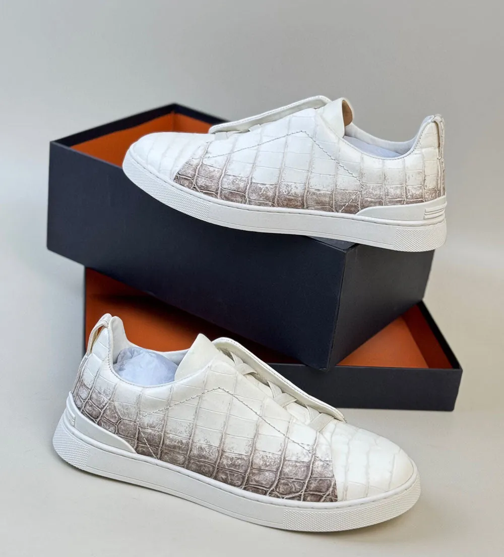Bazaar Day Crocodile Sneakers,  Himalayan White Crocodile Skin Leather Sneakers