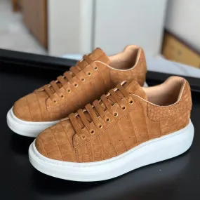 Date wear Crocodile Sneakers , Nubuck Genuine Crocodile Leather Sneakers Tan