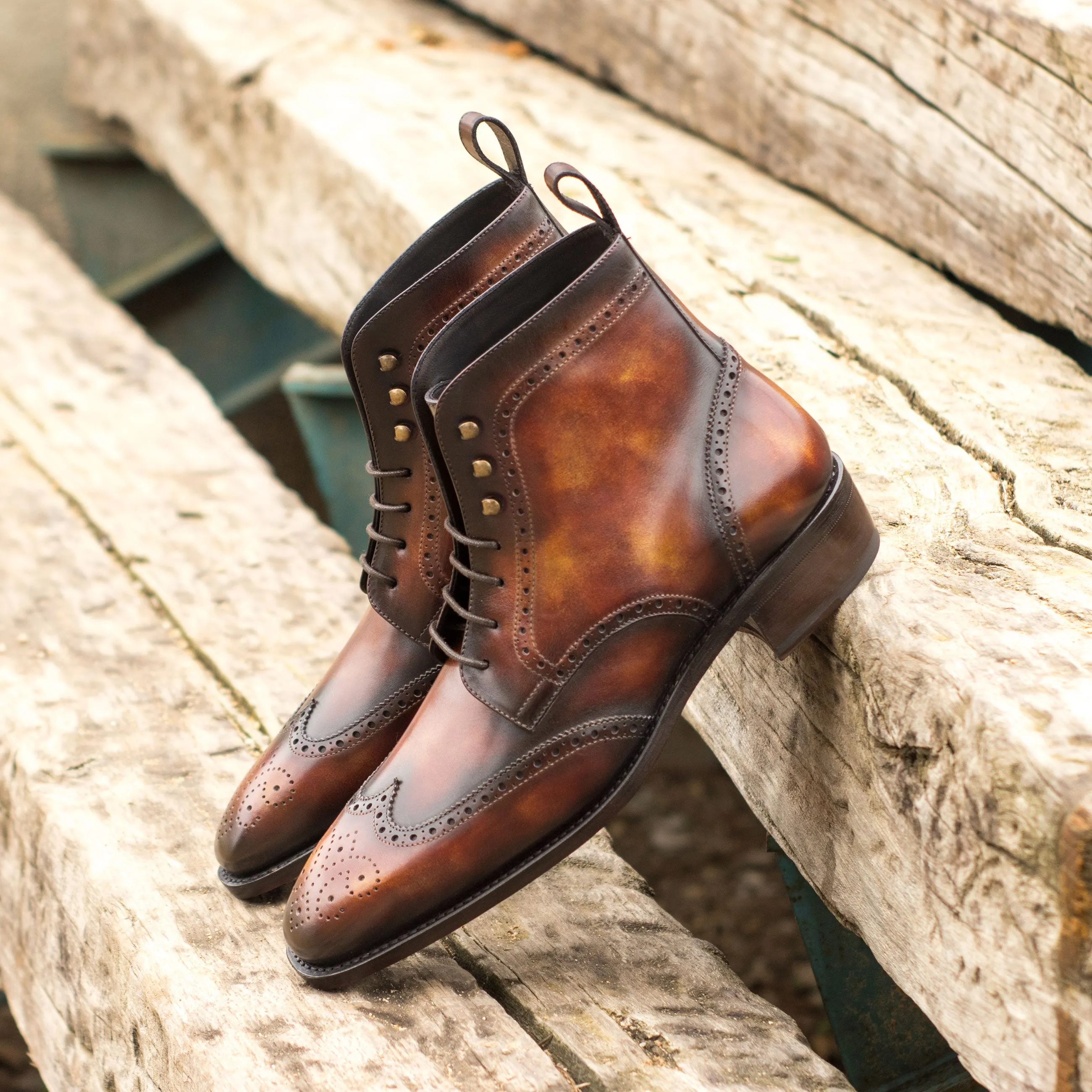 Long Routine Cuban Heel Fire Museum Patina Brogue Boots