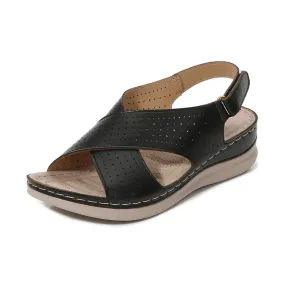 Kristen Cross Strap Faux Leather Sandal Heel Ease