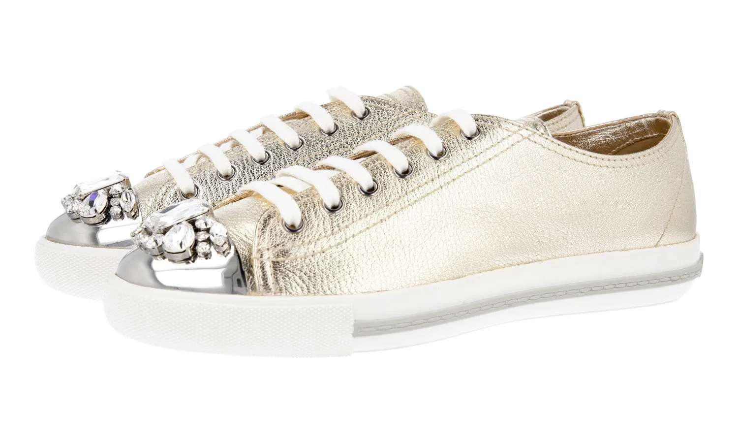 Miu Miu Women's Gold Leather Sneaker 5E8557 Durable Outsole Design