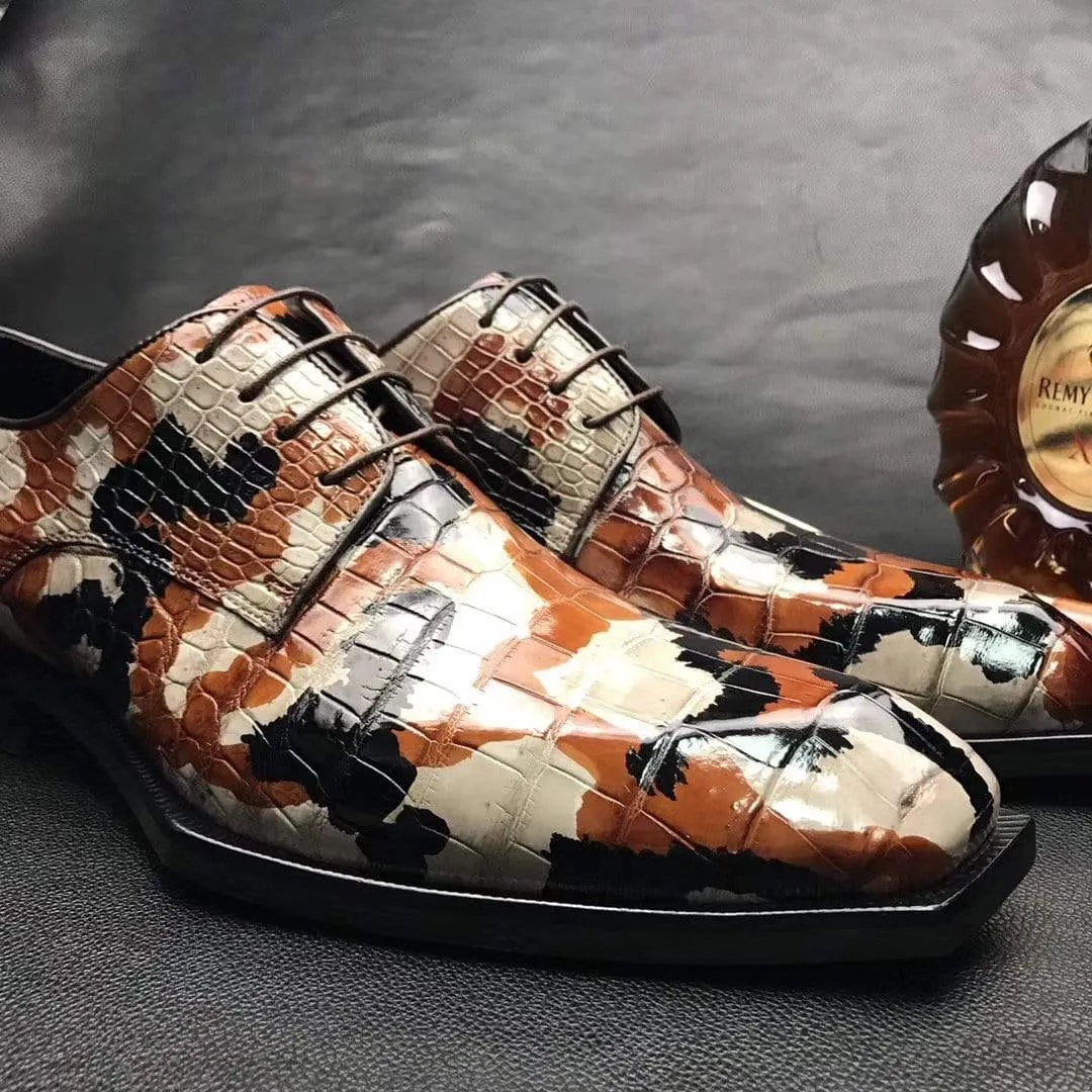 Fashion Forward Design Crocodile Shoes Mens Multi Color Square Toe Lace Up Genuine Crocodile Leather Dress Shoe Brown