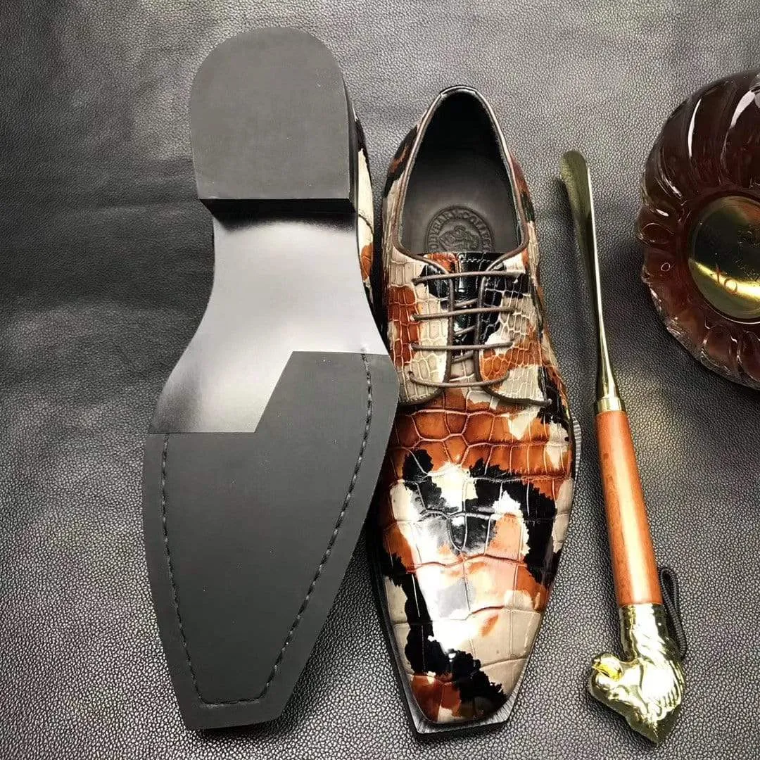 Resort Day Gift Step Crocodile Shoes Mens Multi Color Square Toe Lace Up Genuine Crocodile Leather Dress Shoe Brown