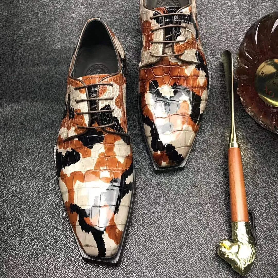 Weekend Fun Modern Classic Design Crocodile Shoes Mens Multi Color Square Toe Lace Up Genuine Crocodile Leather Dress Shoe Brown