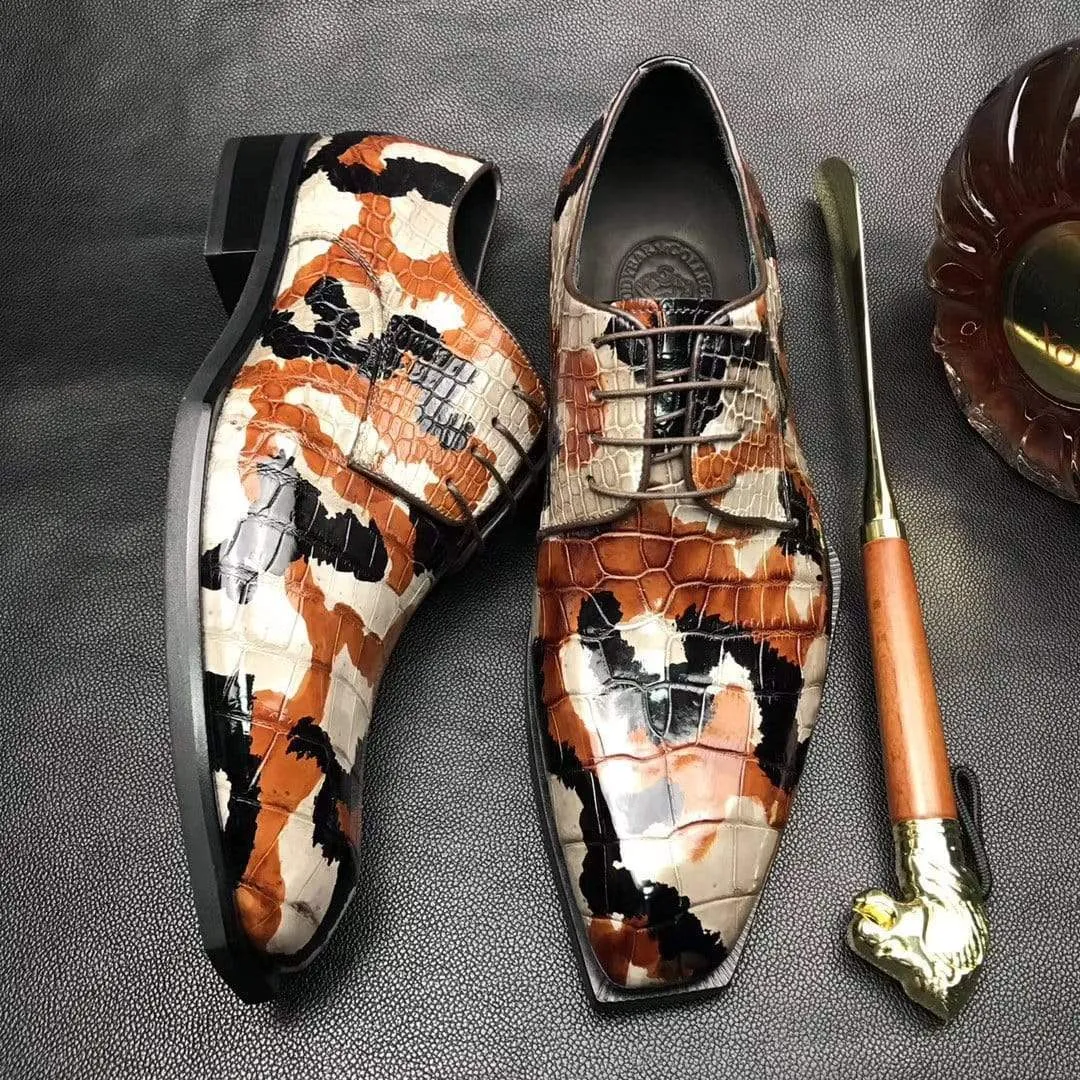 Island Glow Crocodile Shoes Mens Multi Color Square Toe Lace Up Genuine Crocodile Leather Dress Shoe Brown