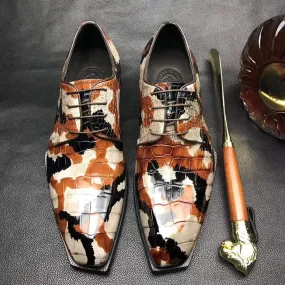 Crocodile Shoes Mens Multi Color Square Toe Lace Up Genuine Crocodile Leather Dress Shoe Brown Relaxed Step