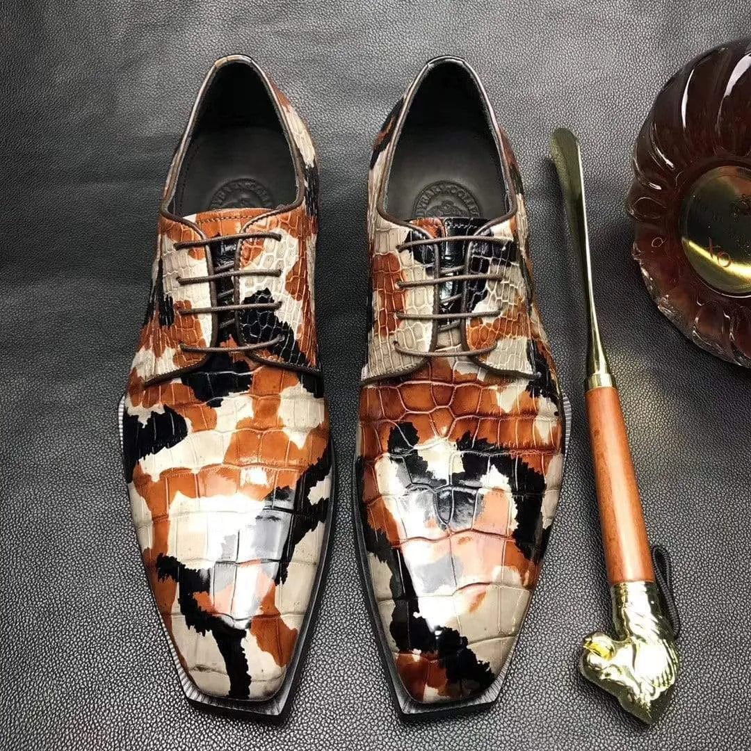 Crocodile Shoes Mens Multi Color Square Toe Lace Up Genuine Crocodile Leather Dress Shoe Brown Relaxed Step