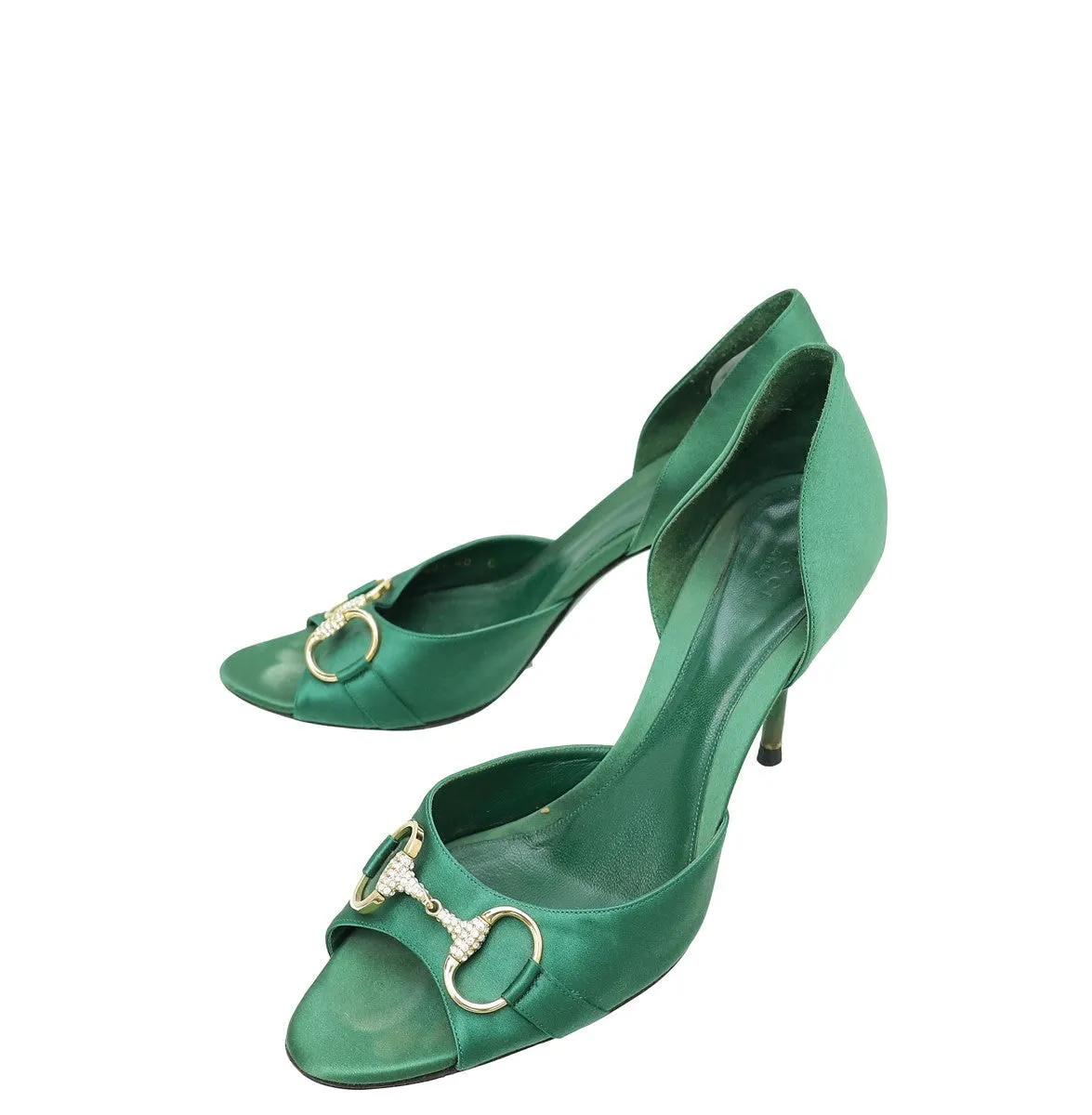 Gucci Green Satin Horsebit Crystal D'Orsay Pumps 40 Water   Resistant