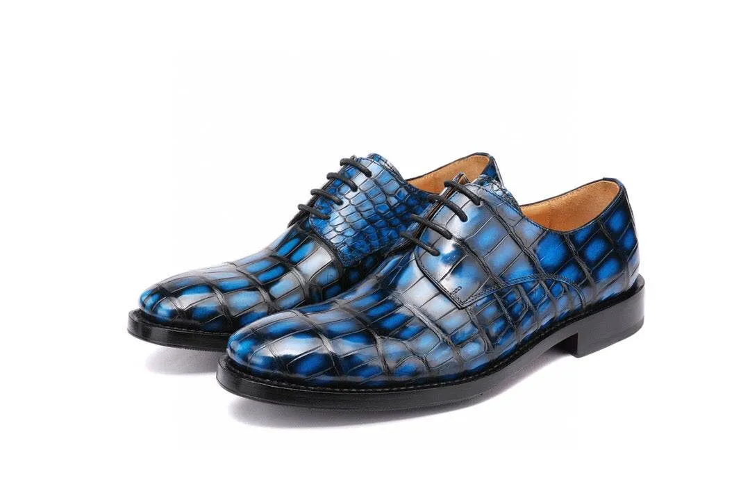 Elastic Fit Crocodile Shoes Vintage Crocodile Leather Cap Toe Lace Up Dress Shoes