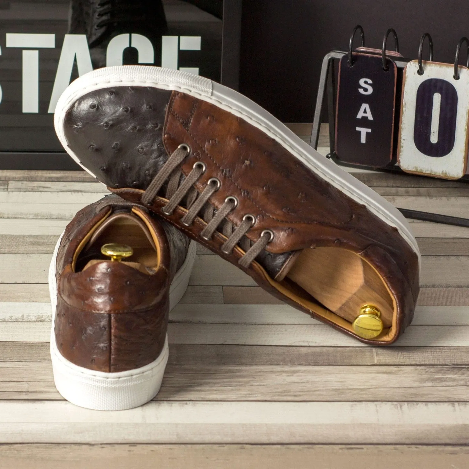 Dark & Med Brown Ostrich Classic Trainers Style Sharp