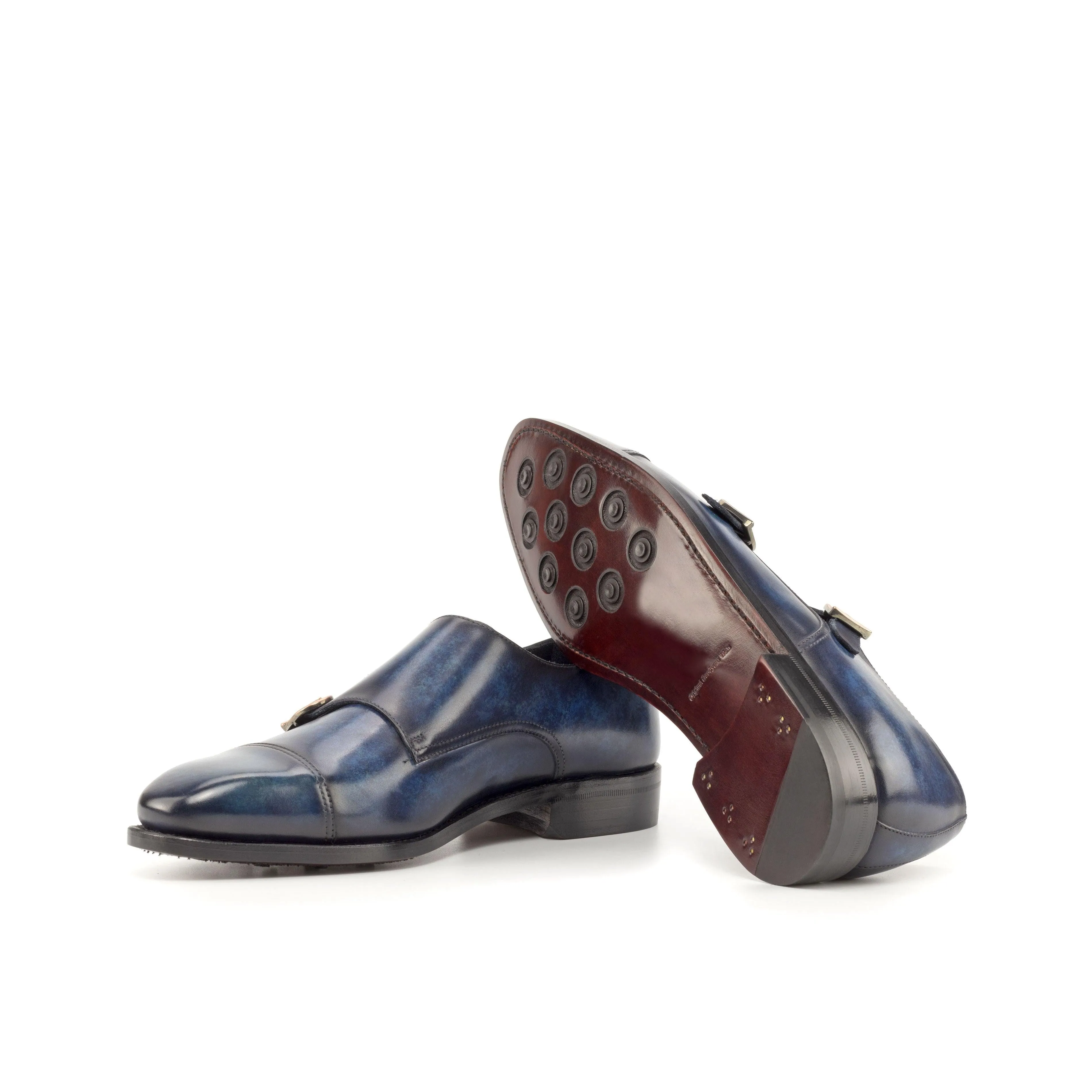Designer Runway Shine Keep Dark Blue Patina Leather Double Monk Shoes