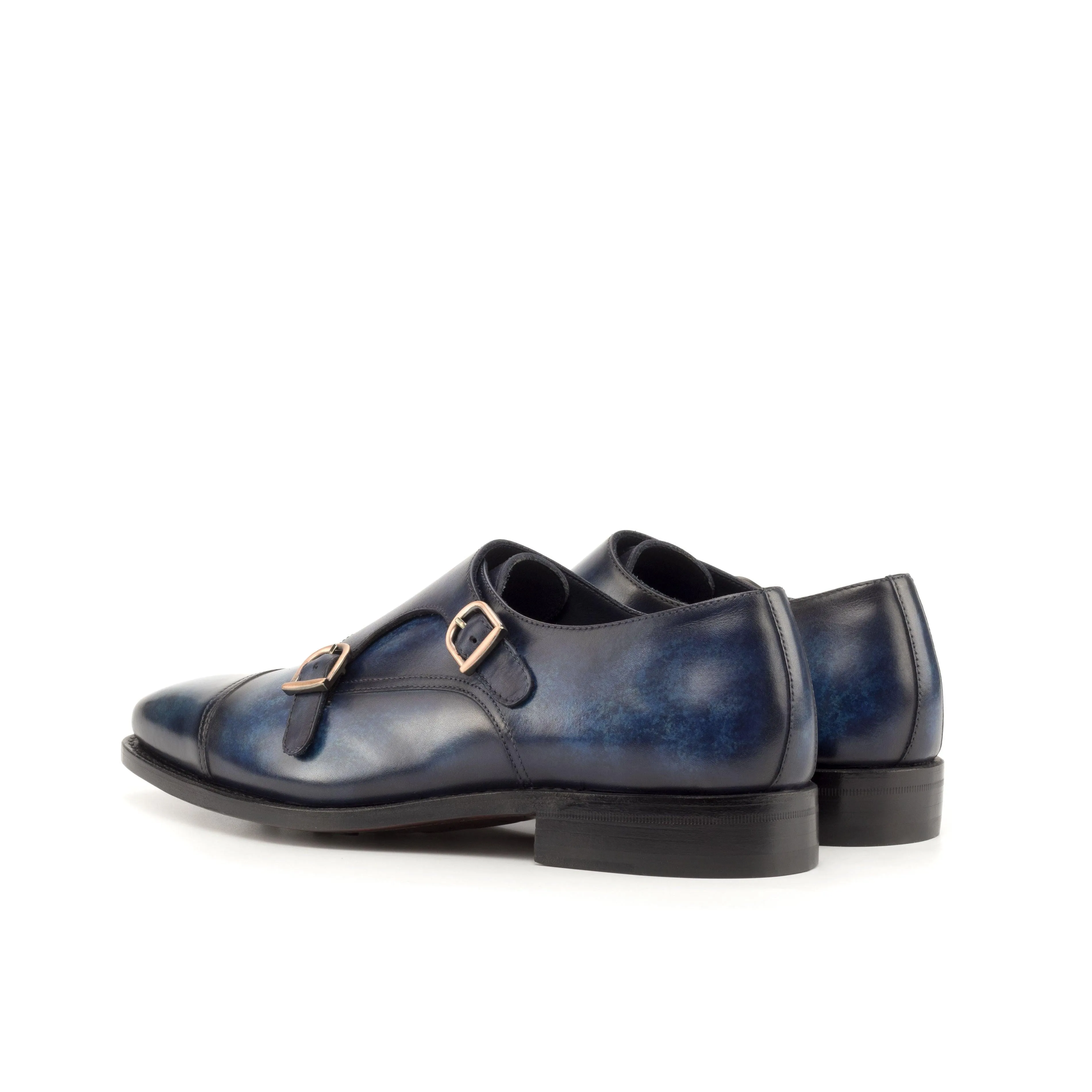 Dark Blue Patina Leather Double Monk Shoes understated look Crisp Feel