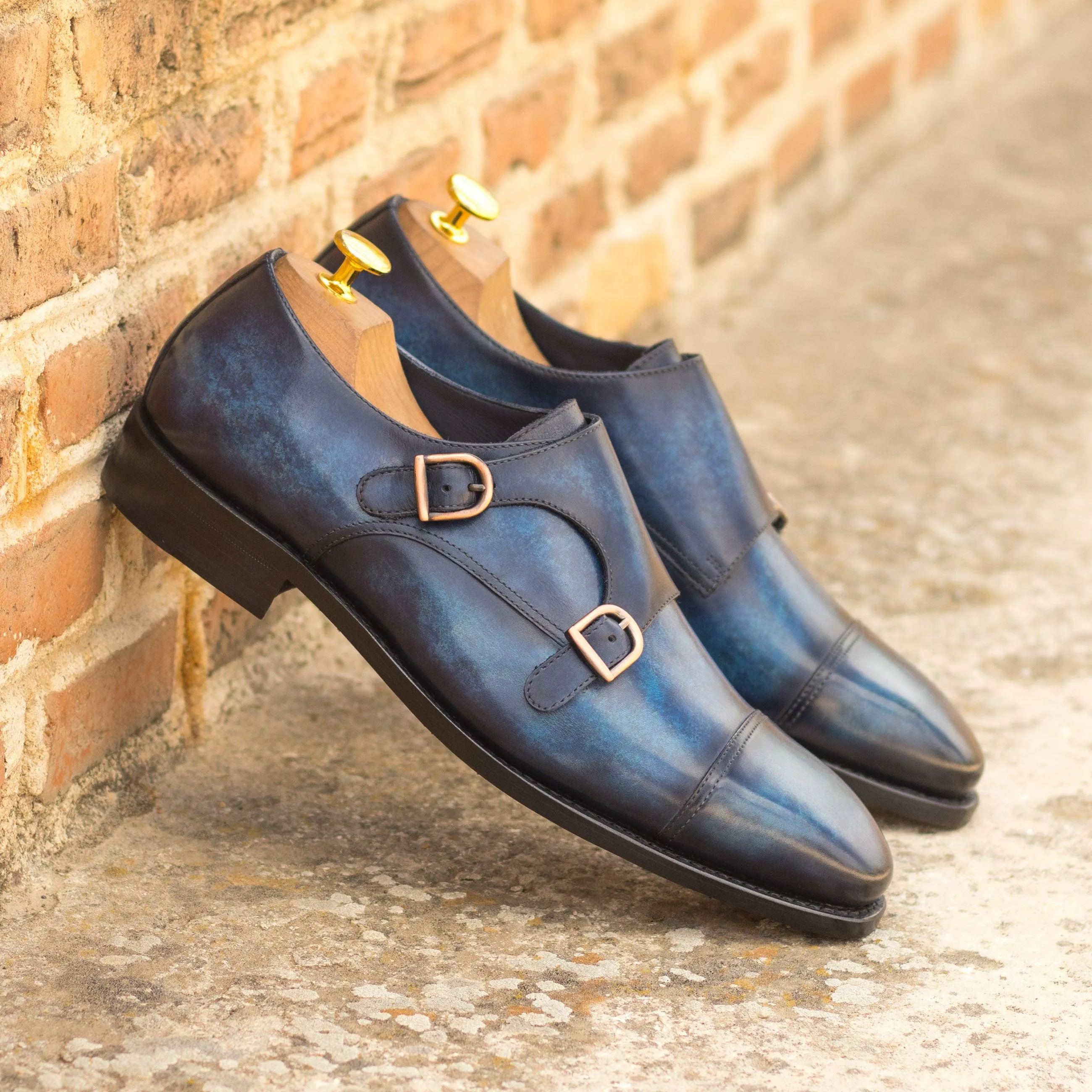 Dark Blue Patina Leather Double Monk Shoes Flexible Use