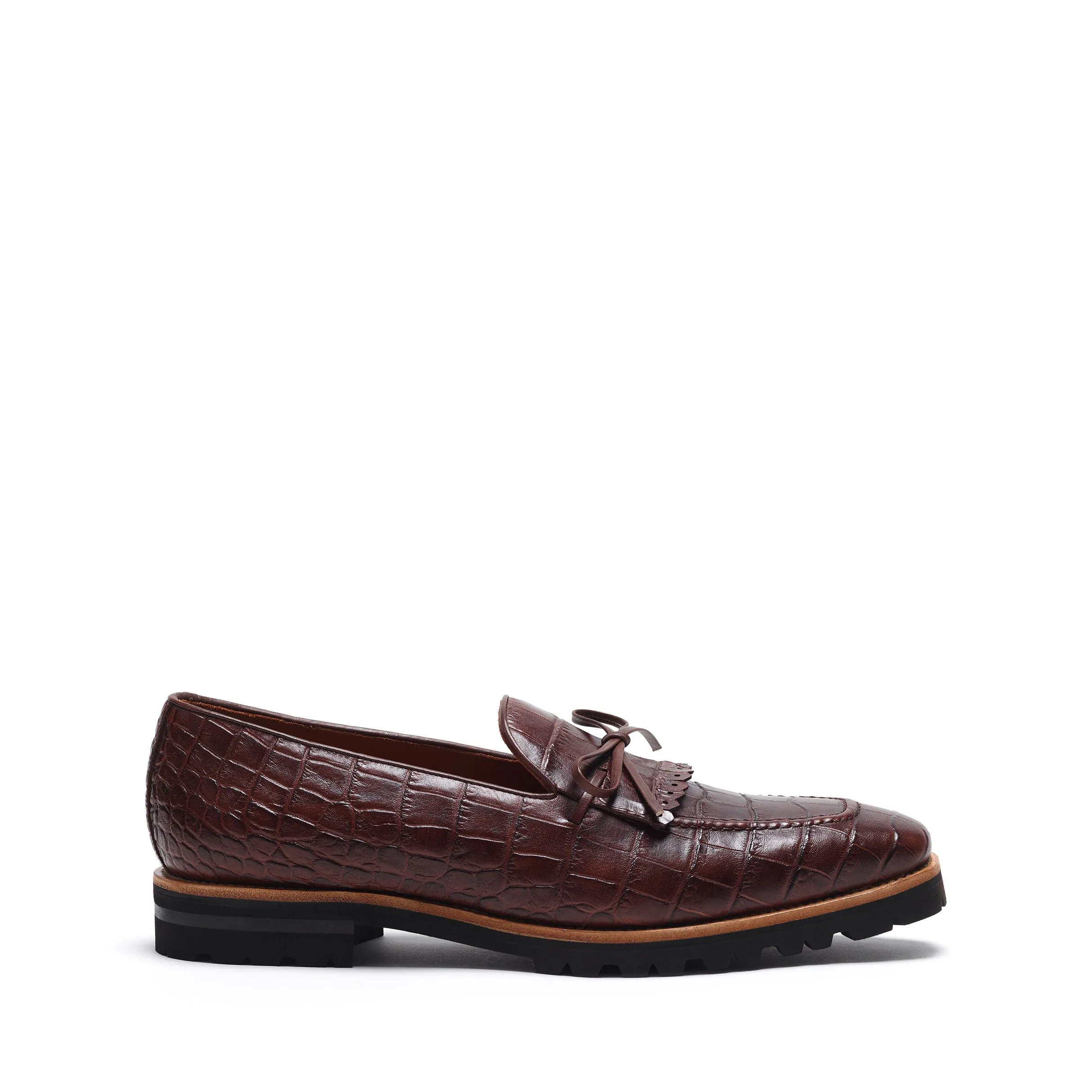 Dark Brown Painted Croco Laced Kiltie Loafer Green Path