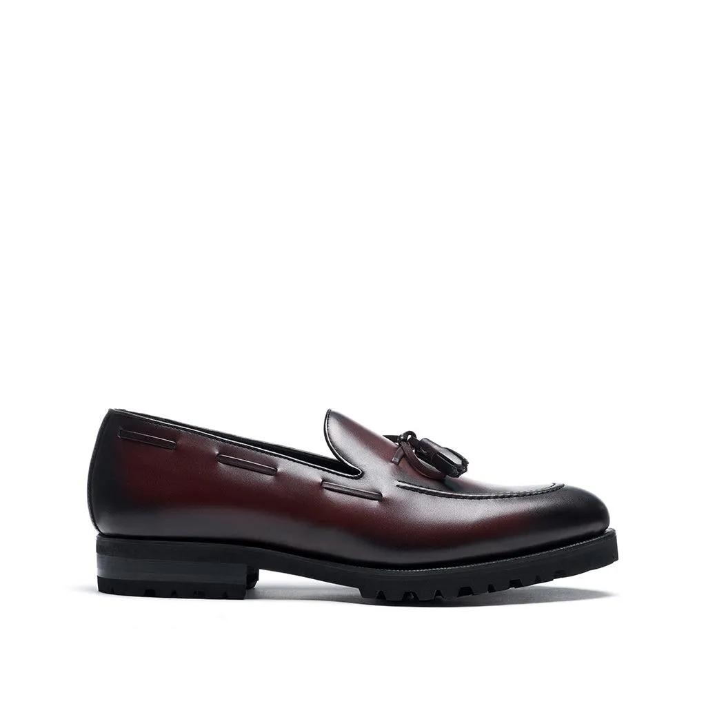 Dark Burgundy Calf Laced Tassel Loafer Casual Slip-ons Hook And Loop