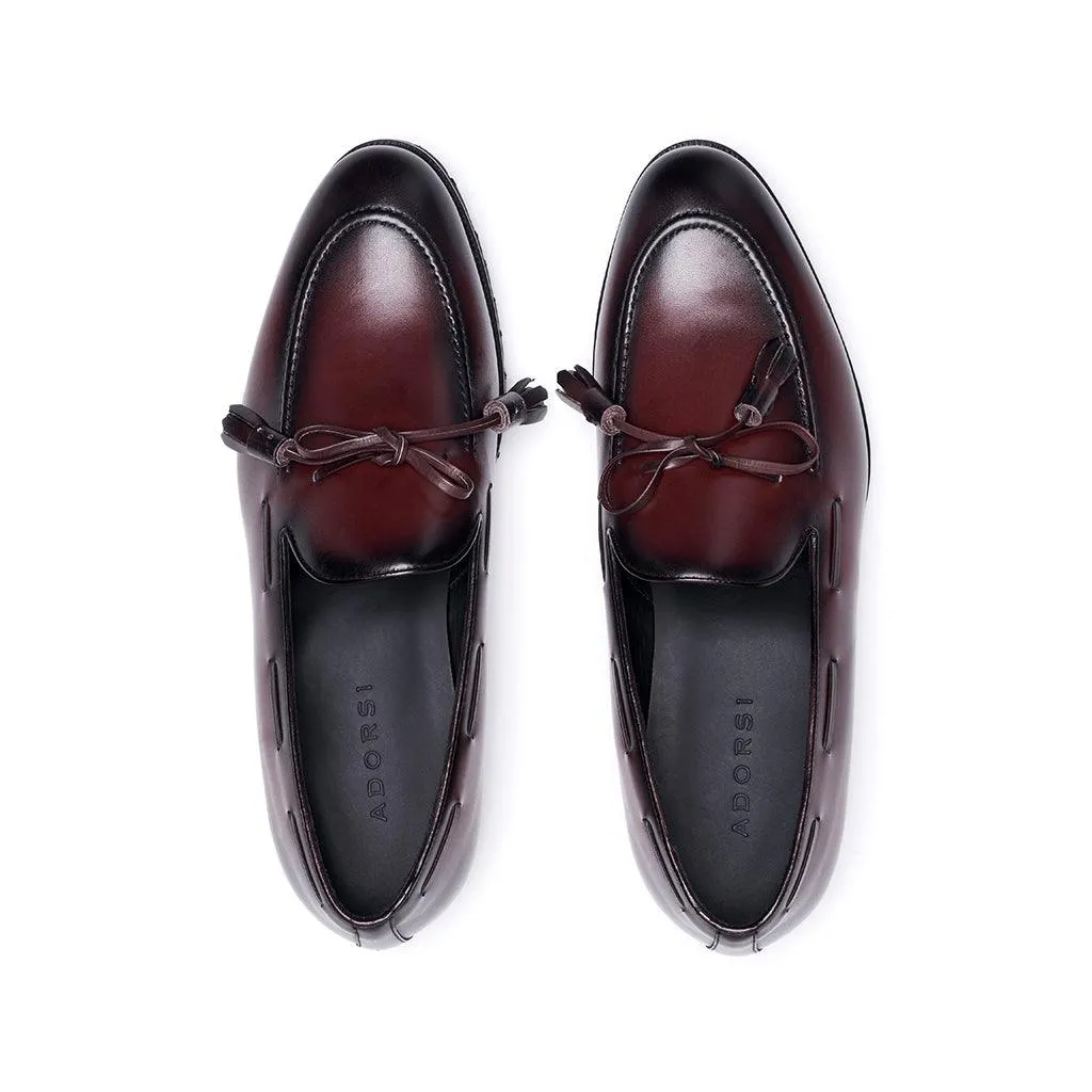 Suede Finish Dark Burgundy Calf Laced Tassel Loafer