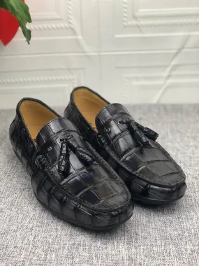 Crocodile Shoes Crocodile  Leather Shoes Mens Slip-On Driving Loafer Shoes With Tassle Vintage Dark Grey Look View