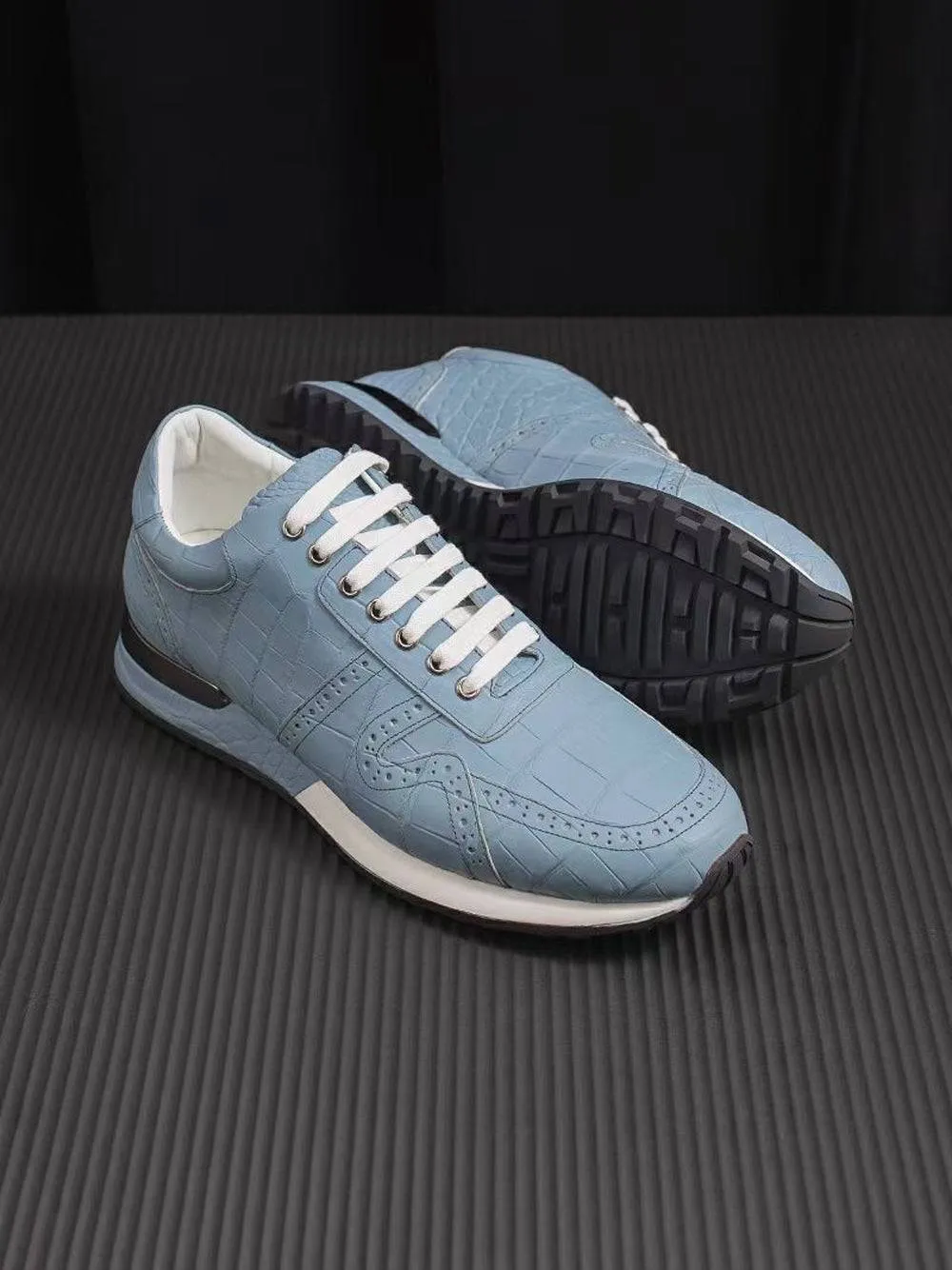 Easy Movement Crocodile Shoes Crocodile Leather Sneaker Shoes Light Blue