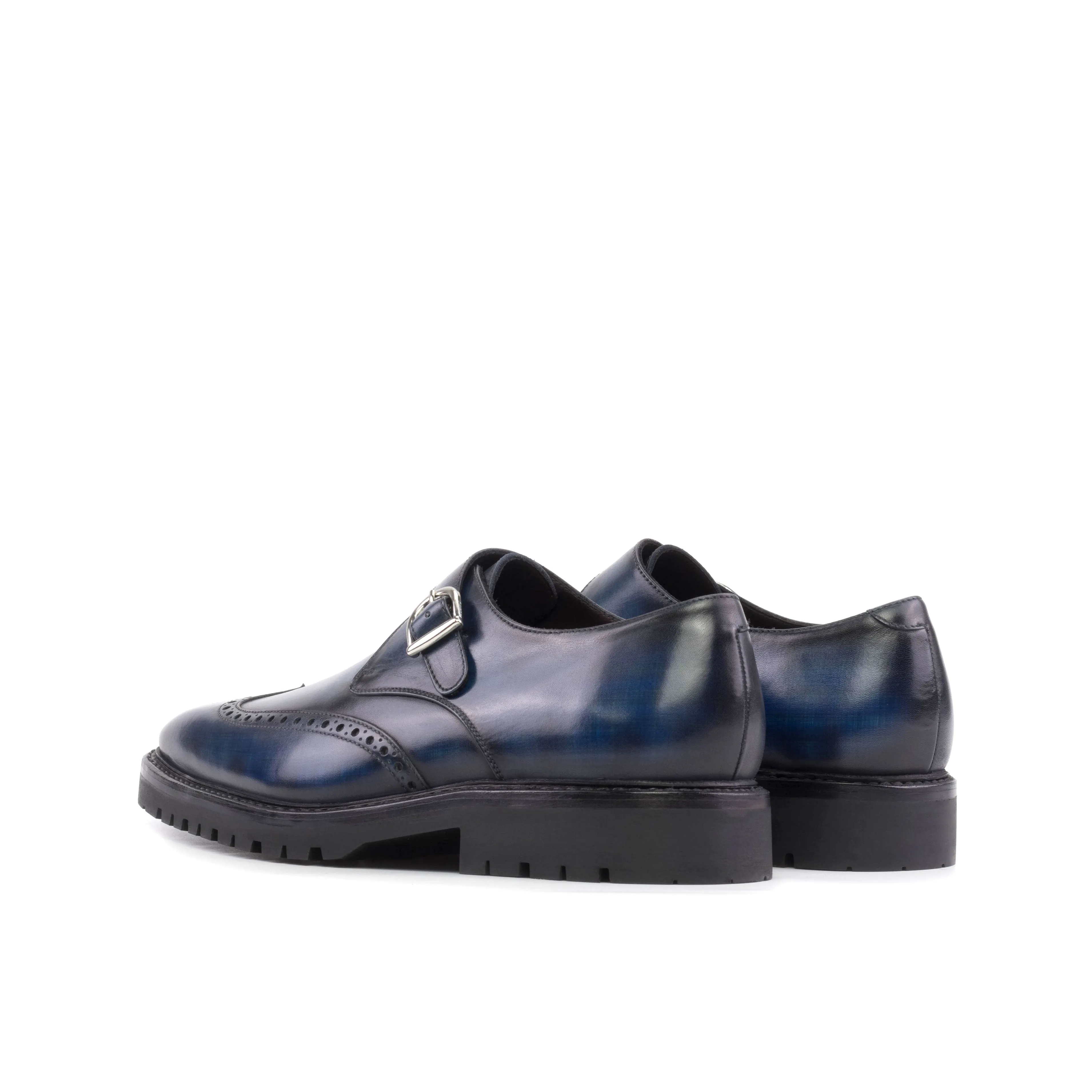 Denim Blue Patina Leather Single Monk Shoes High Rise
