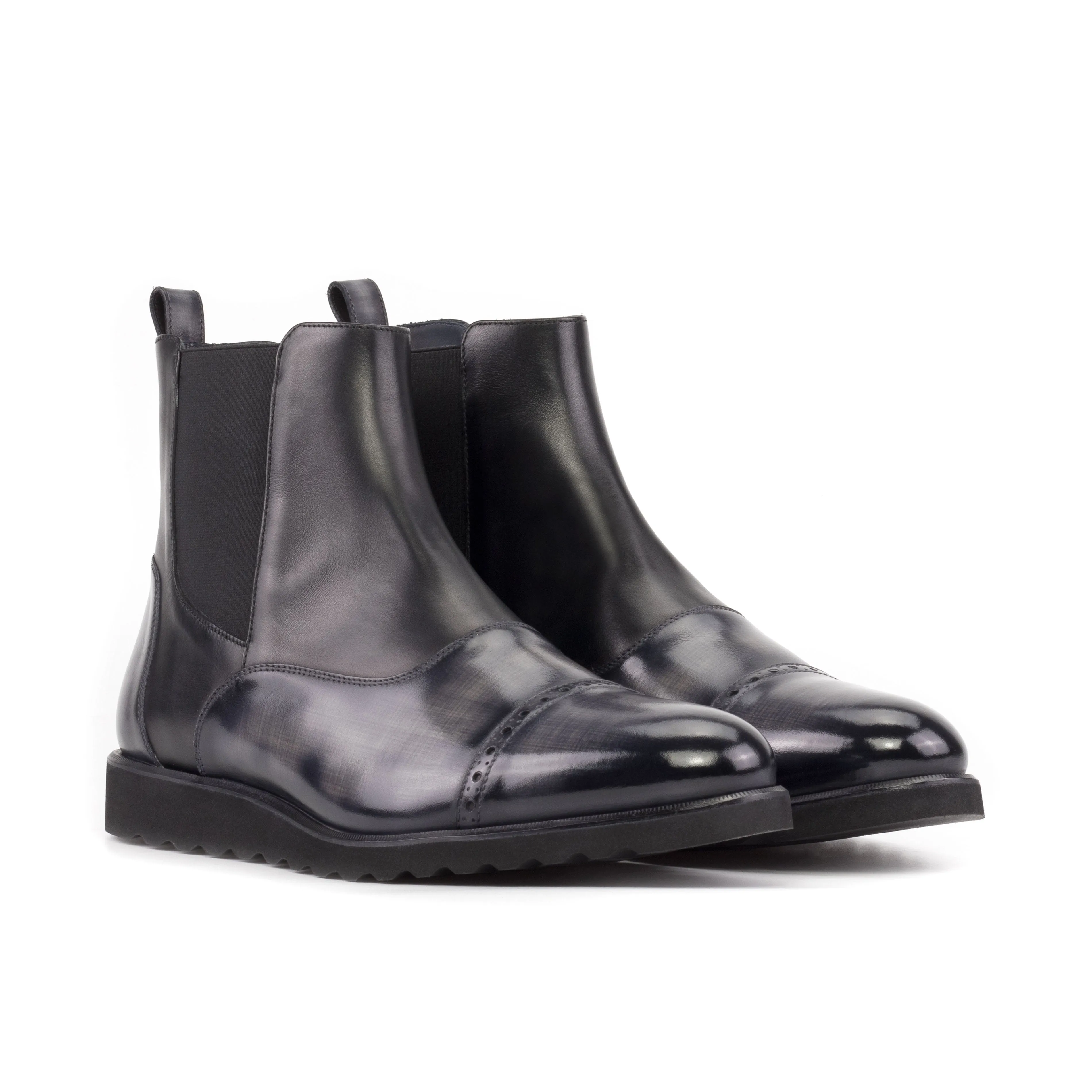 Bride Side High-Quality Leather Black Calf & Grey Patina Chelsea Chunky Boots