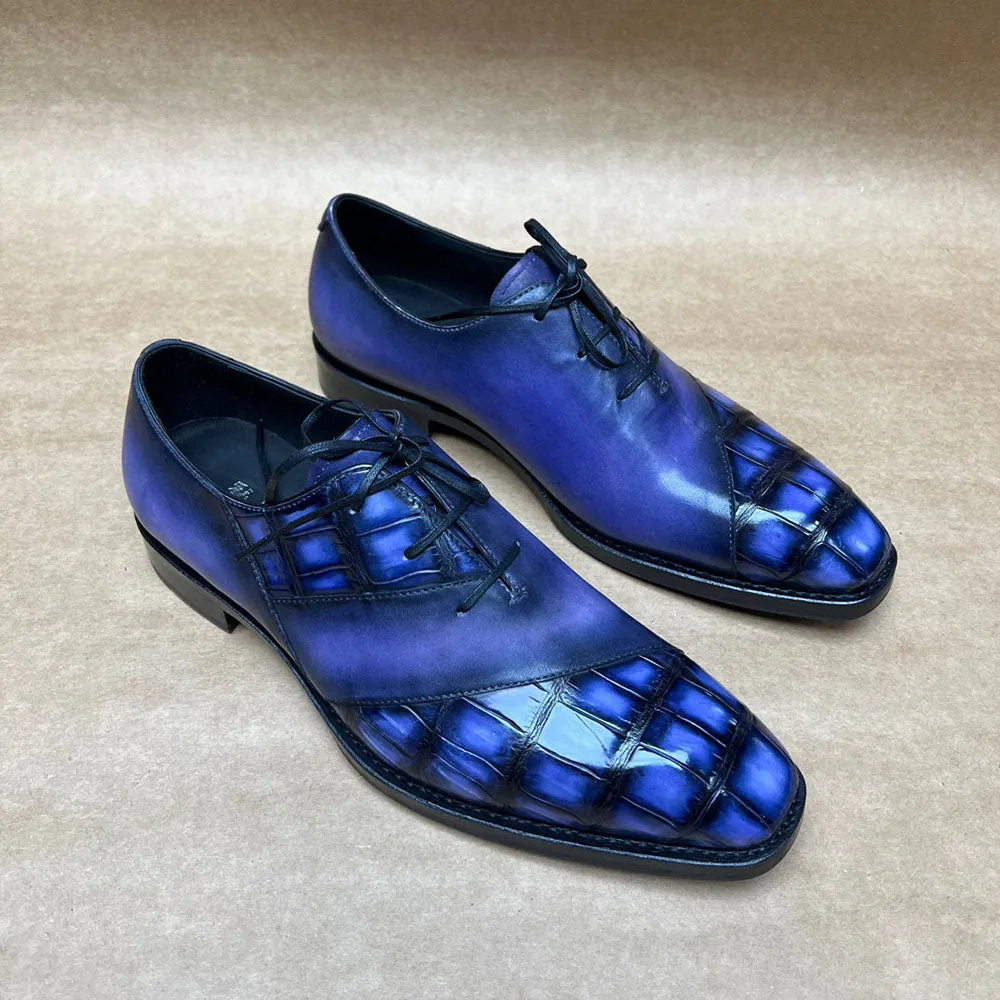 Canvas Crocodile Shoes Men's Crocodile Leather Lace-Up Shoes With Vintage Calfskin Leather