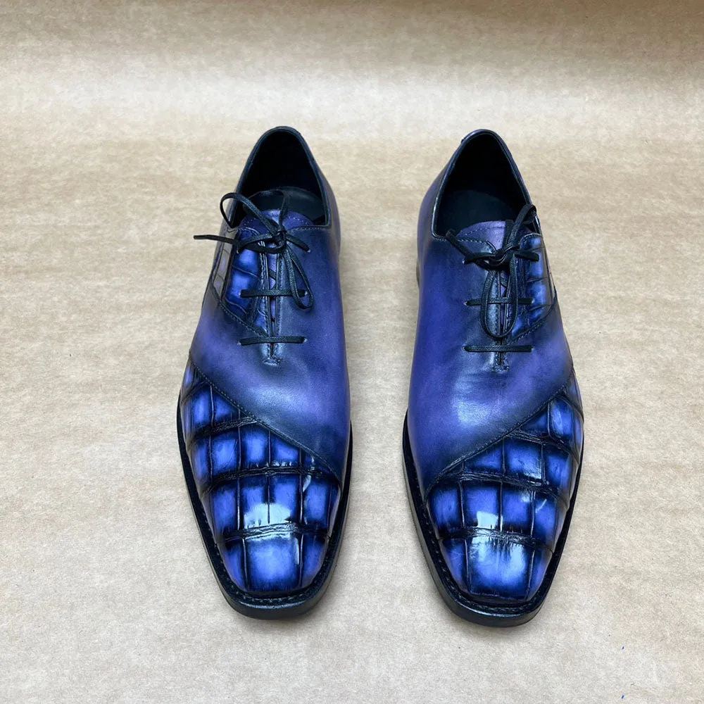 Crocodile Shoes Men's Crocodile Leather Lace-Up Shoes With Vintage Calfskin Leather Quick Fit