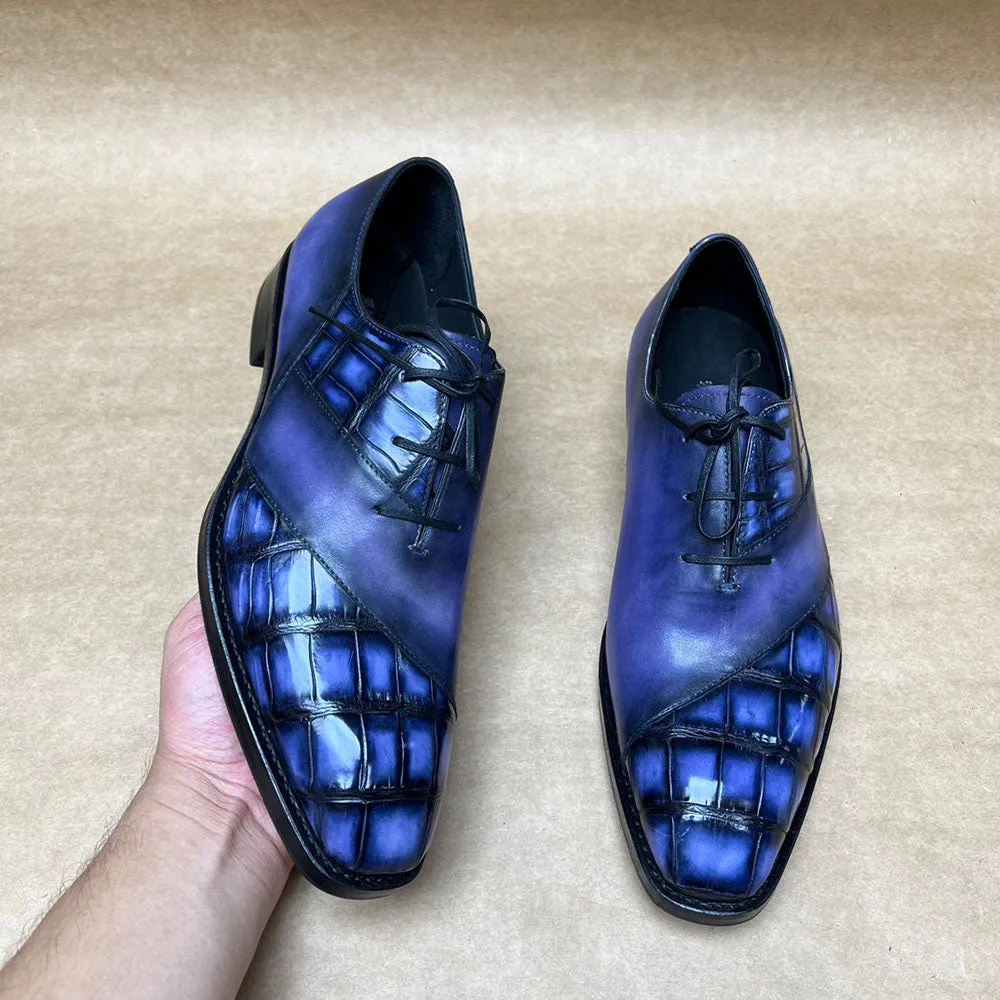 Frost Cool Crocodile Shoes Men's Crocodile Leather Lace-Up Shoes With Vintage Calfskin Leather