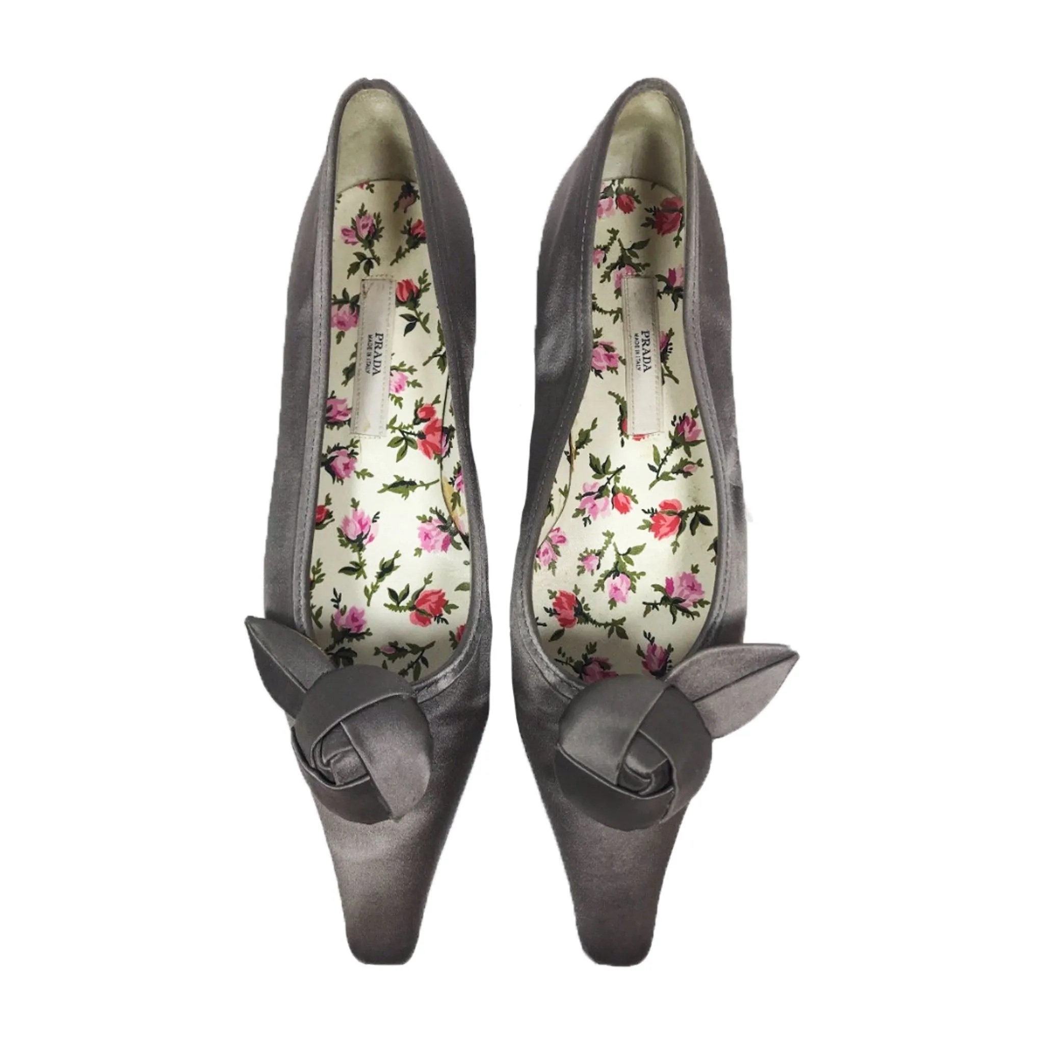 Canvas Shine Silver PRADA Silver Satin Pointed Toe Flats w/ Floral Lining Size 36
