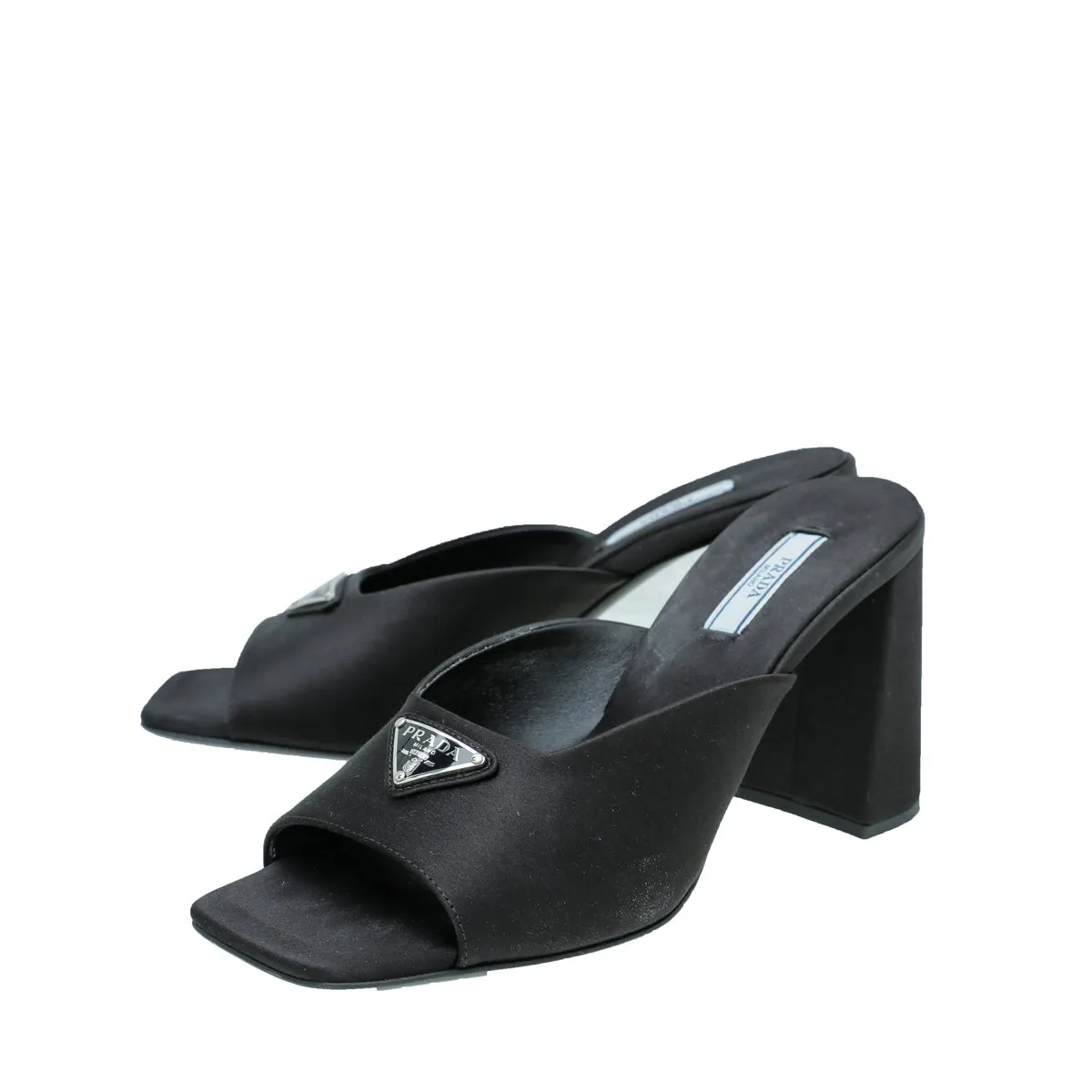 Daily Chill Closet Core Prada Black Satin Slide Heeled Mules 38.5