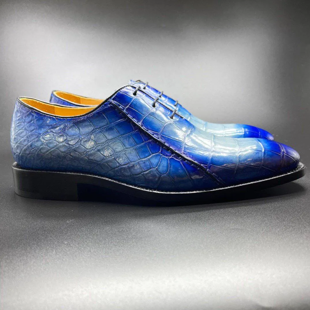 Comfortable Cushioning Relaxed Shoes Crocodile Shoes Genuine Crocodile Leather Mens Penny Loafers Dress Shoes Hand Painted Two Tone  Blue